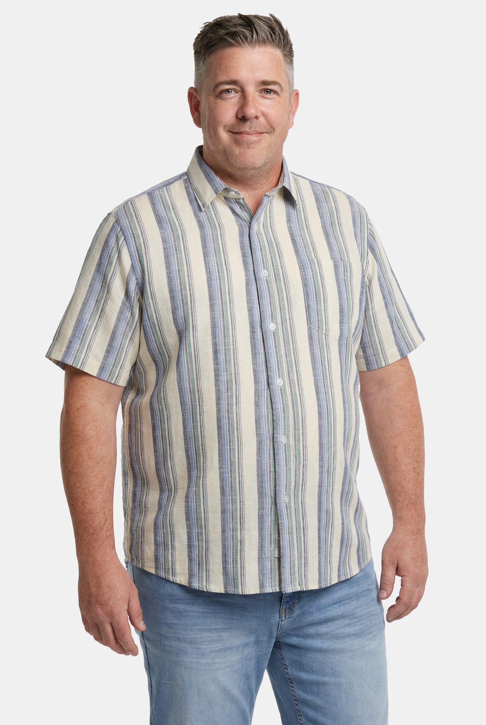 Men Plus Kurzarmhemd Leinenoptik-Streifenhemd Halbarm Kentkragen günstig online kaufen