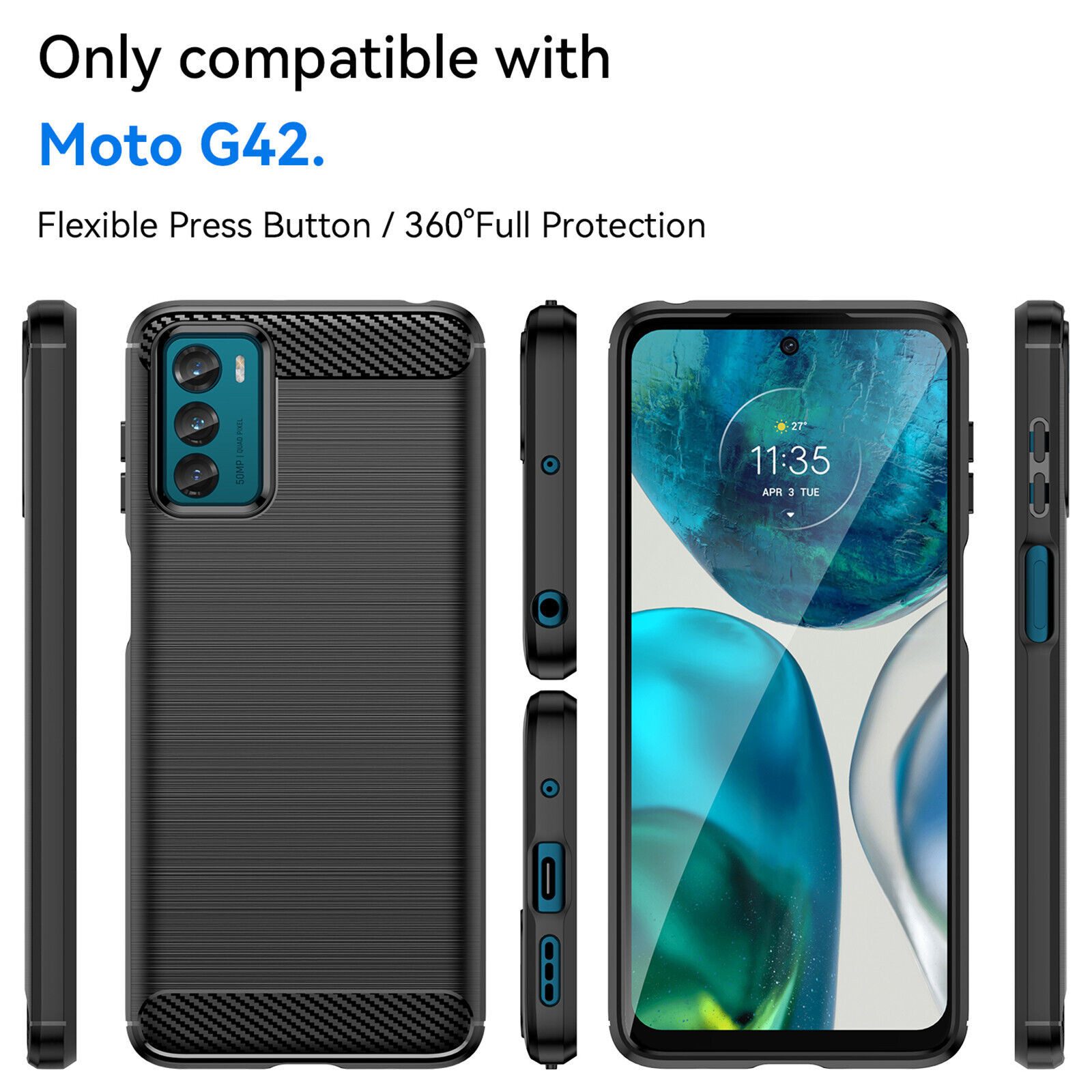 betterfon Handyhülle Carbon Hülle für Motorola Moto G42 Backcover TPU Silikon Schwarz, Carbon-Look – stoßfestes Case mit Air-Cushion & Metall-Optik