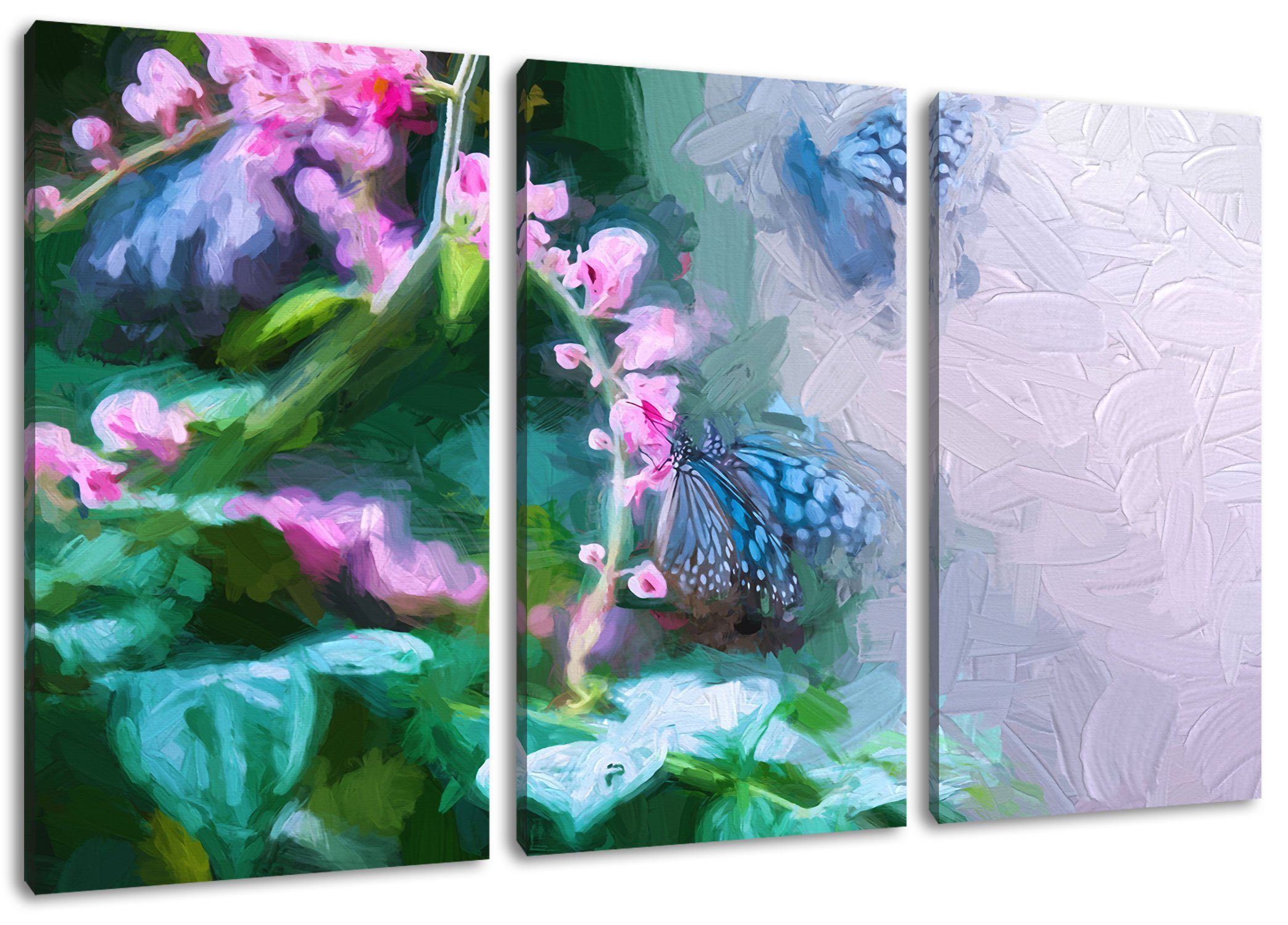 Pixxprint Leinwandbild Schmetterlinge auf Blumen, Schmetterlinge auf Blumen 3Teiler (120x80cm) (1 St), Leinwandbild fertig bespannt, inkl. Zackenaufhänger