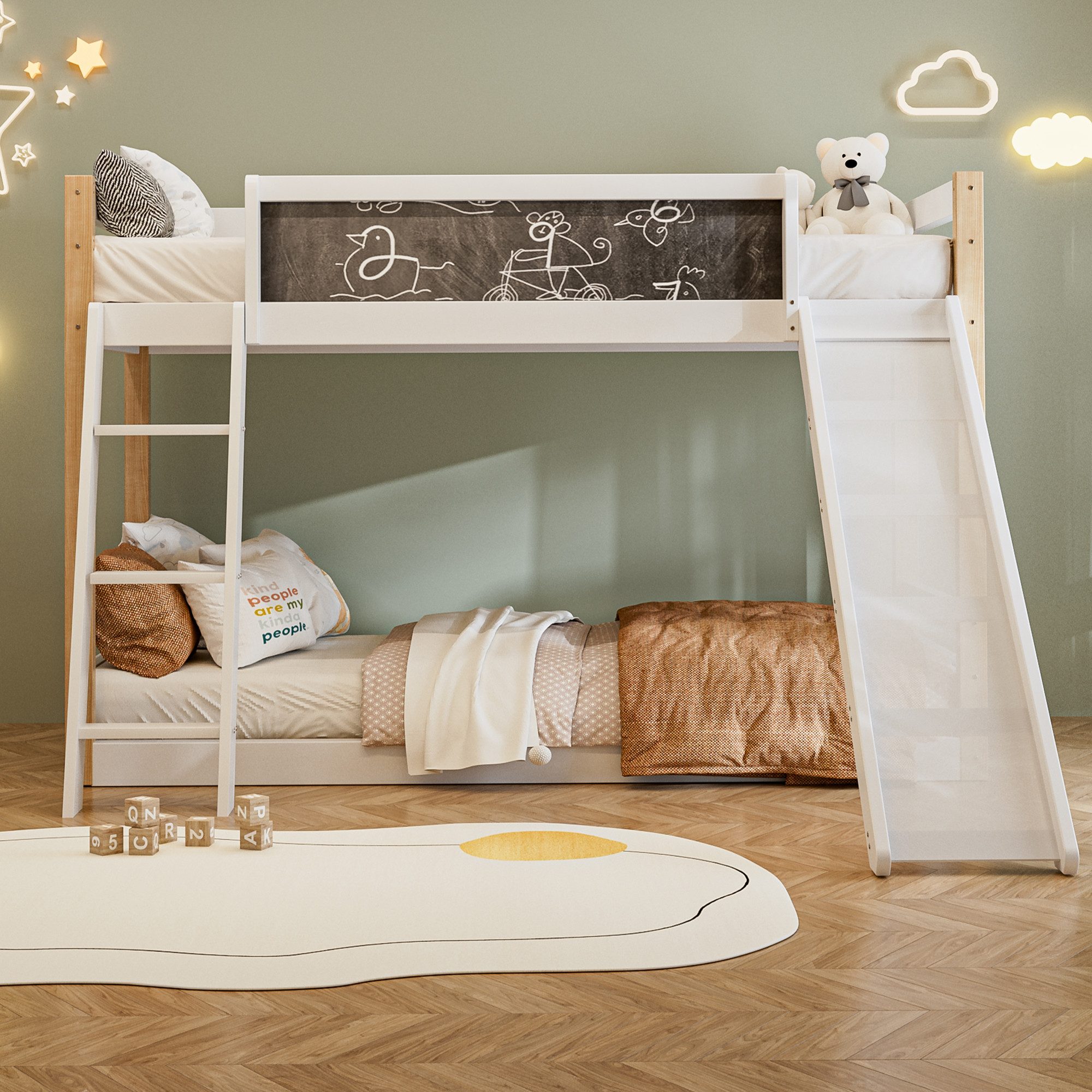 Odikalo Etagenbett Kinderbett Doppelbett Treppe Rutschen Kinderkreißbrett weiß(200x90cm) – Bild 2 von 5