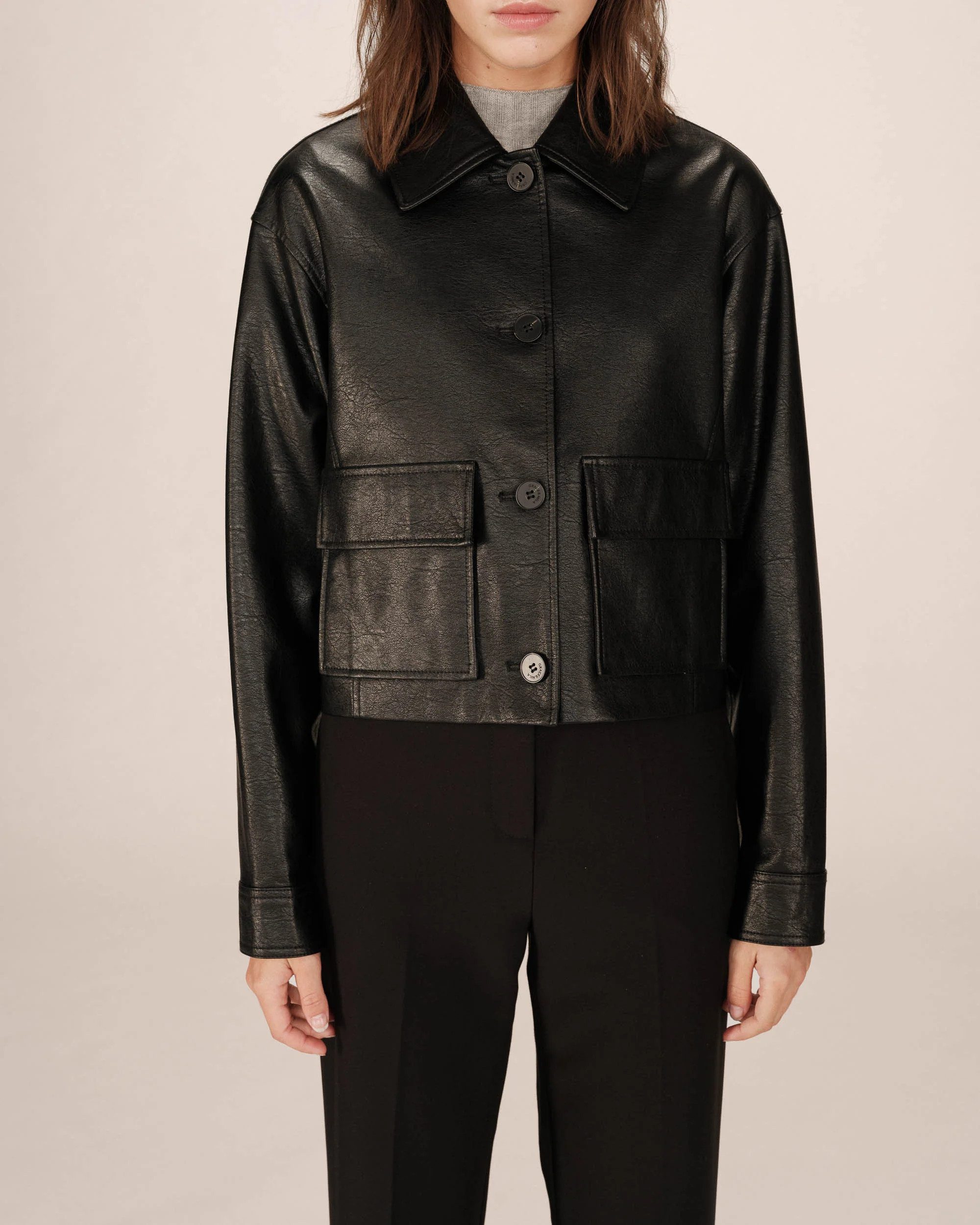Grace & Mila Lederjacke Faux leather Jacket SOLANGE - Damen Kunstlederjacke kurz - Lederimitat in Unifarbe, Kunstleder, gefüttert