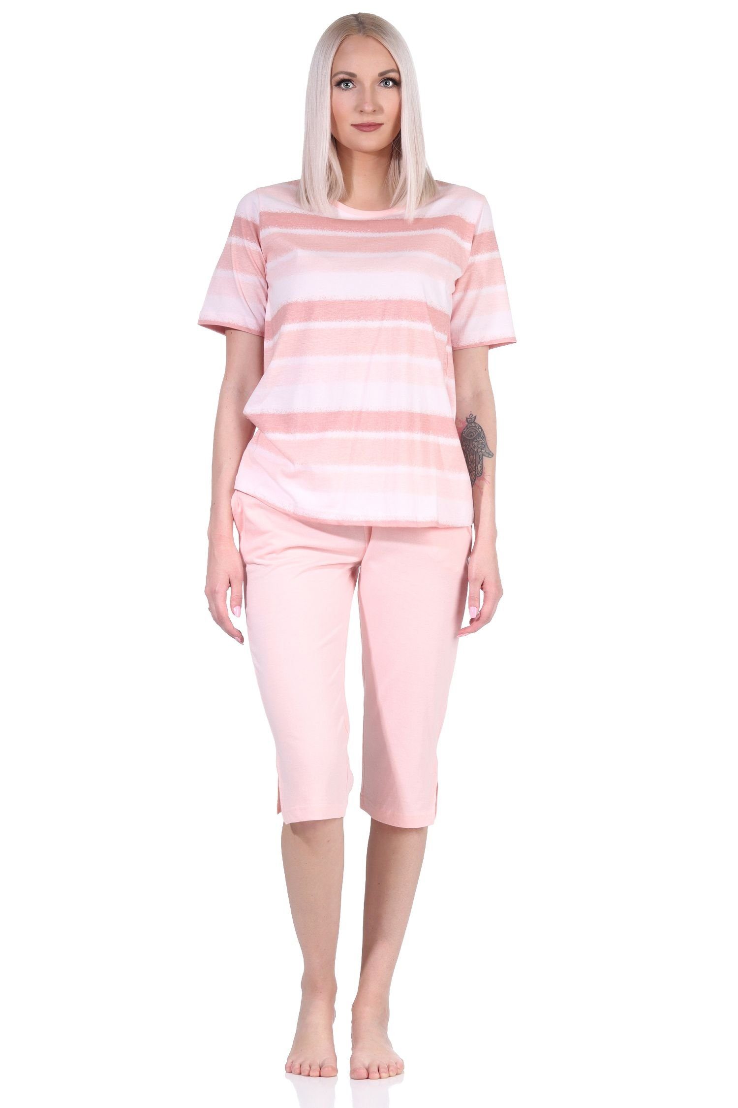 Normann Pyjama Damen Capri Schlafanzug kurzarm Pyjama im farbenfrohen Streifen Look rosa