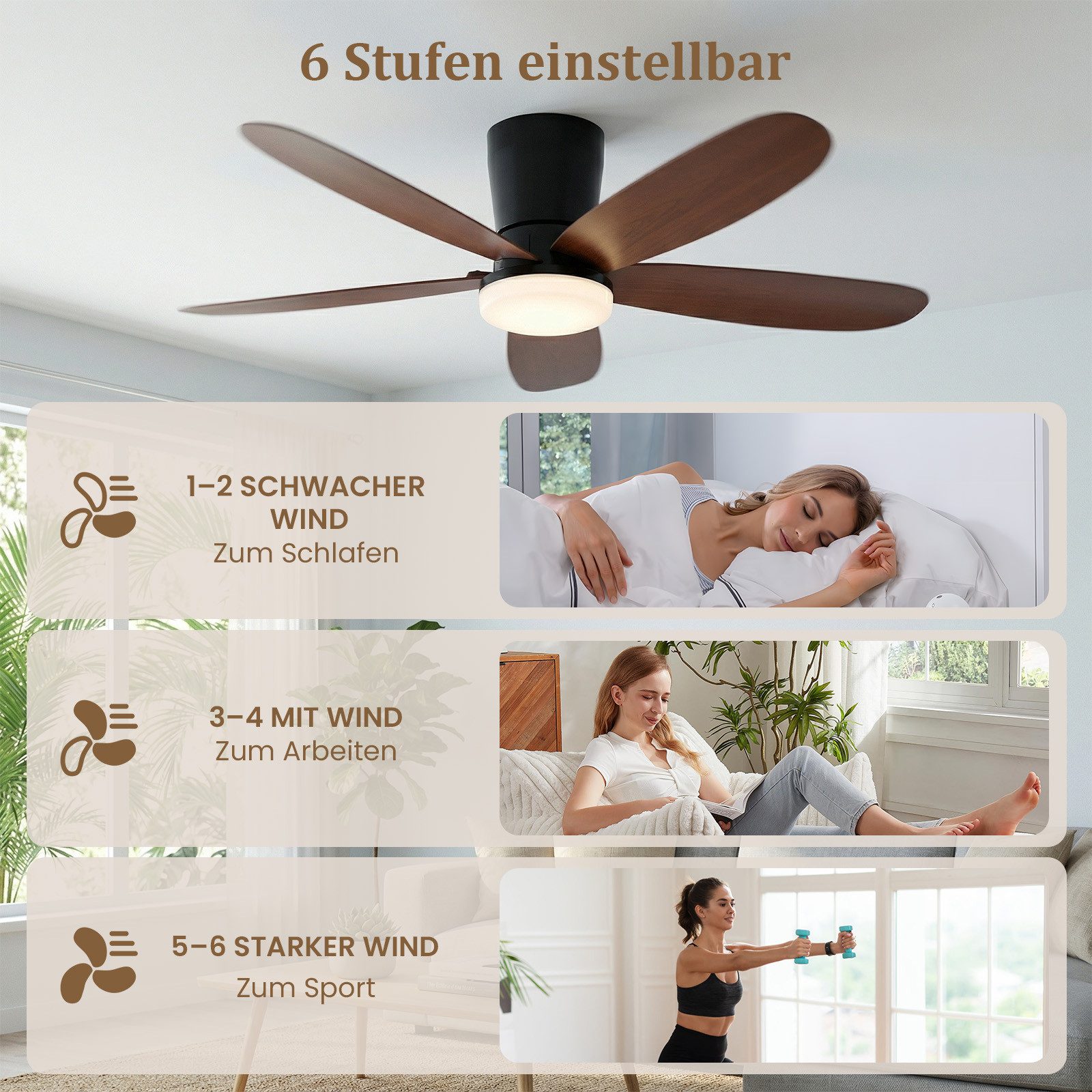 Rosnek Deckenventilator mit Beleuchtung, leiser DC-Motor, Fernbedienung & APP, reversibel, 106 cm, dimmbare LED mit 3 Lichtfarben, 6 Windstufen, für Schlafzimmer