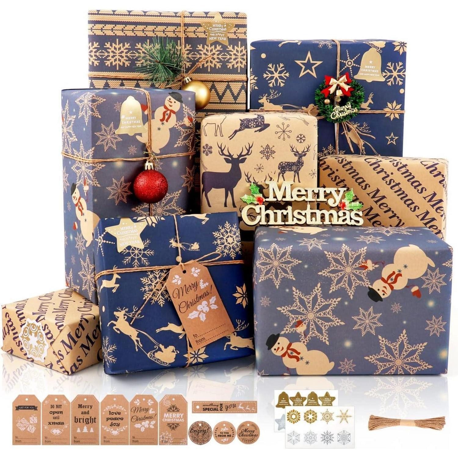 LuxusKollektion Geschenkpapier 6 Blatt Weihnachts Geschenkpapier Set Dunkelblau & Braun mit