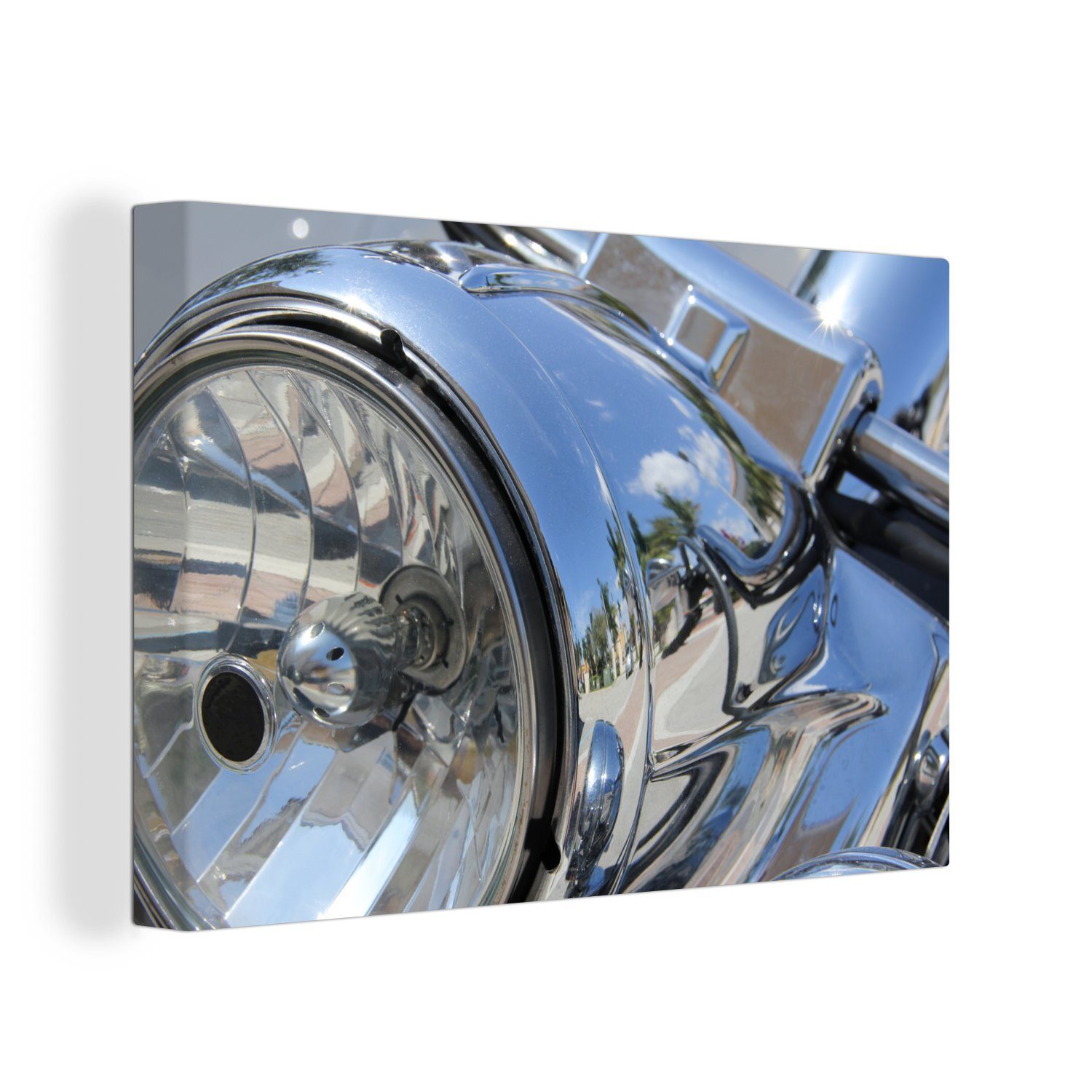 OneMillionCanvasses® Leinwandbild Der leuchtende Scheinwerfer eines Café Racers, (1 St), Wandbild Leinwandbilder, Aufhängefertig, Wanddeko, 30x20 cm
