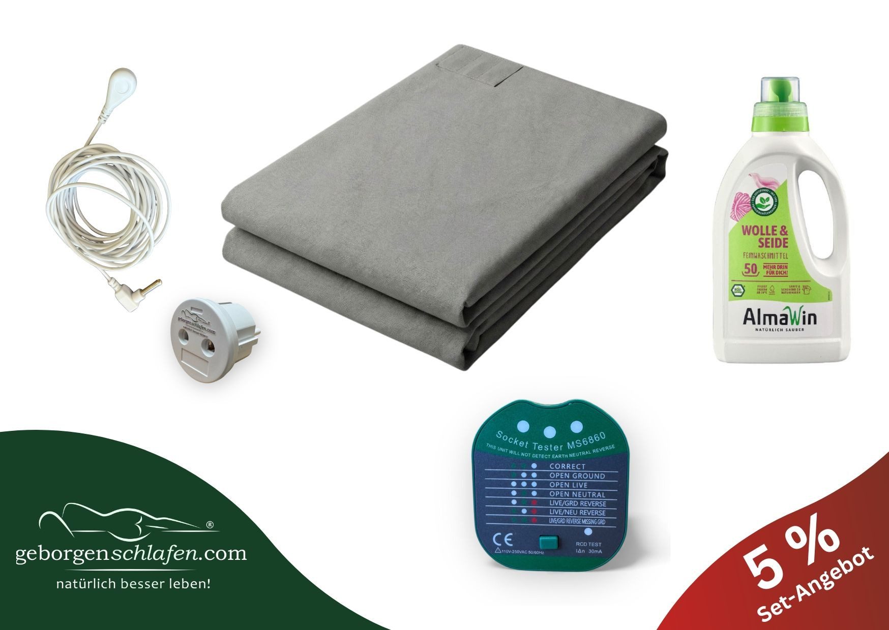 geborgenschlafen Bettlaken Erdungslaken Spannbettlaken DELUXE – Geerdeter Schlaf & Komfort Set, Bio-Baumwolle mit Silberfäden, Gummizug: Ja (Spannbettlaken-Design), (5 Stück), Erdungsbettlaken Set 2 – Silberfäden, Sicherheit & Pflege