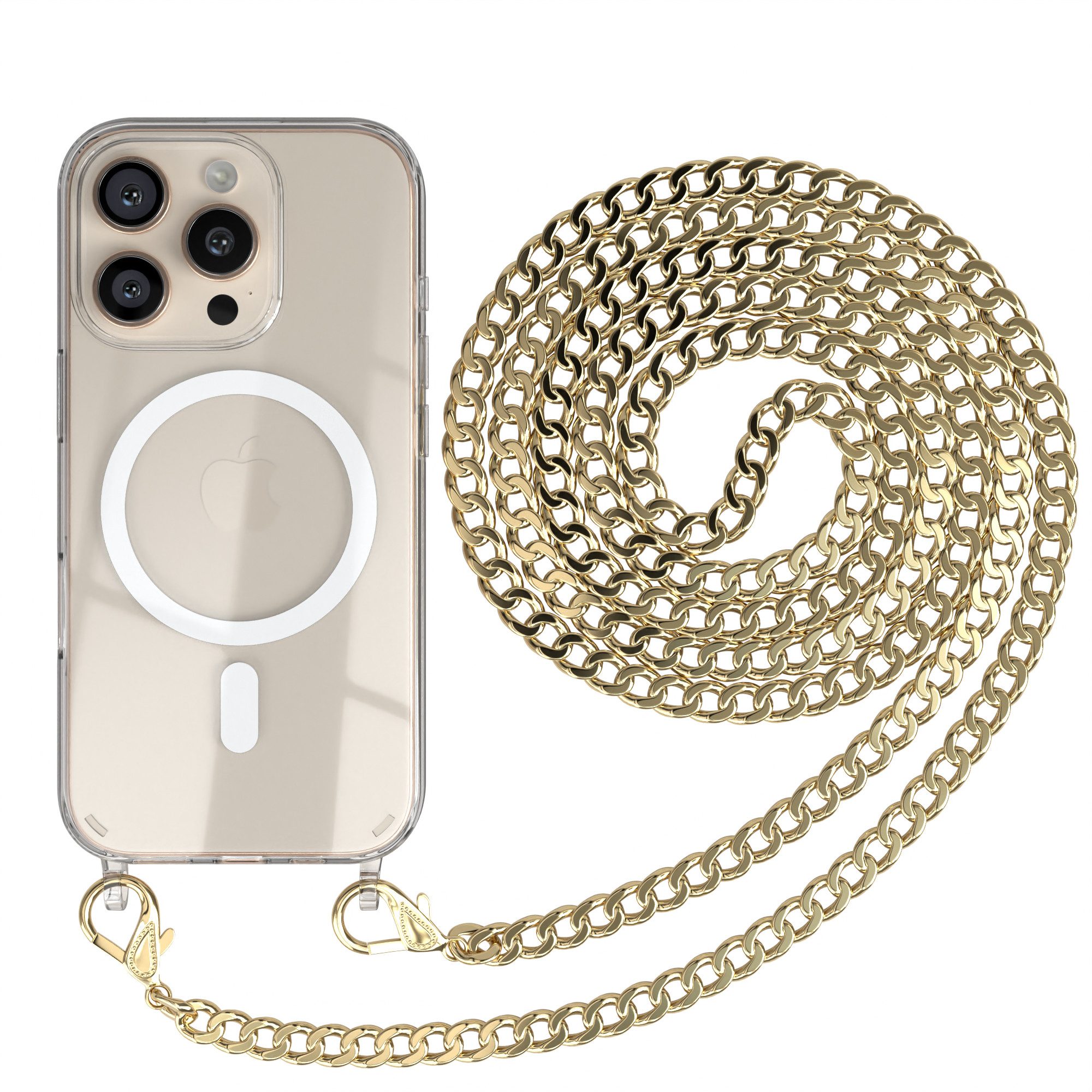 EAZY CASE Handykette 2in1 Metallkette MagSafe Hülle für iPhone 16 Pro 6,3 Zoll, Handyhülle Transparent Smartphonekette für Unterwegs Necklace in Gold