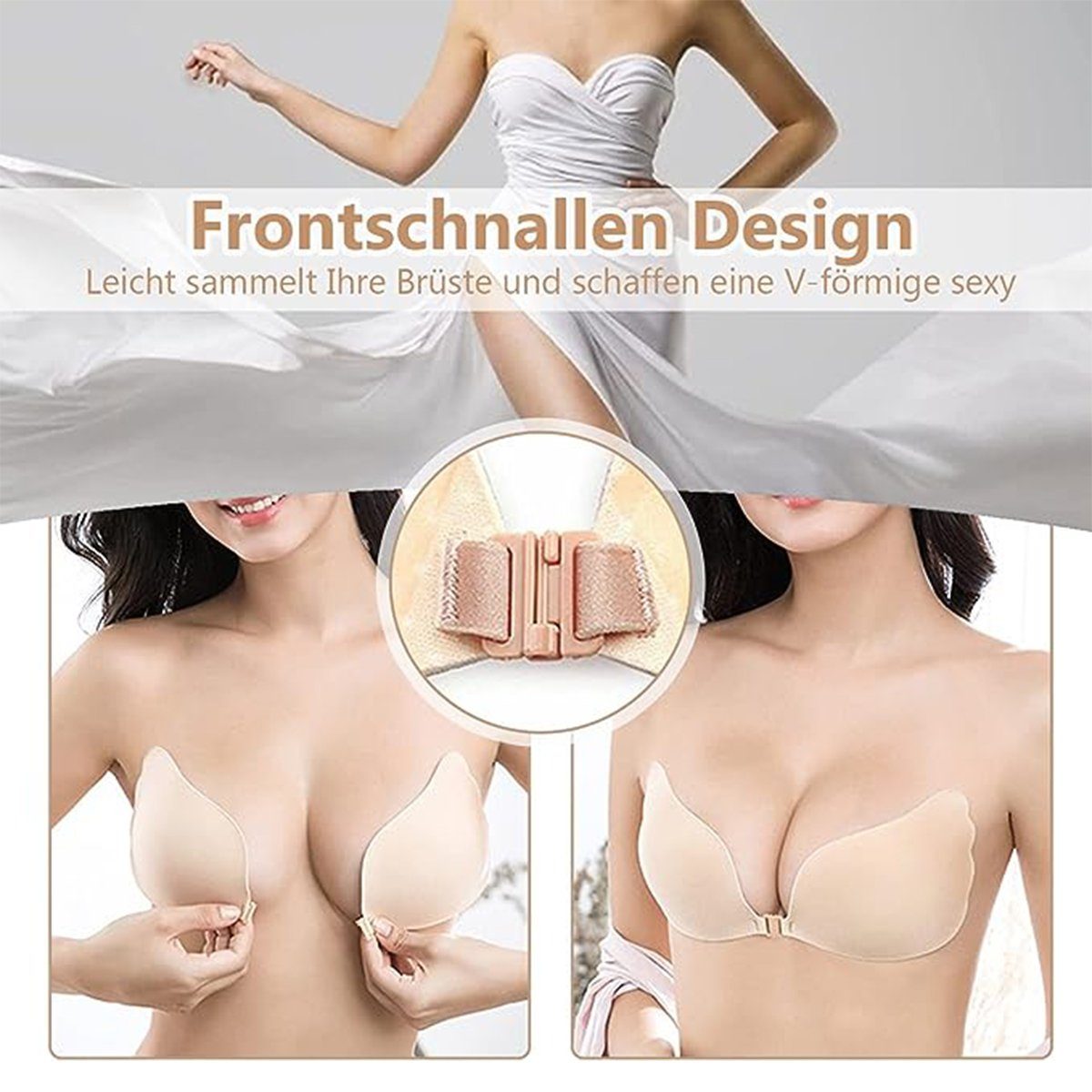 XDeer Rückenfreier BH Push up BH Rückenfrei Klebe BH Wiederverwendbarer Trägerloser BH mit Push & Lift up Effekt für Aalle