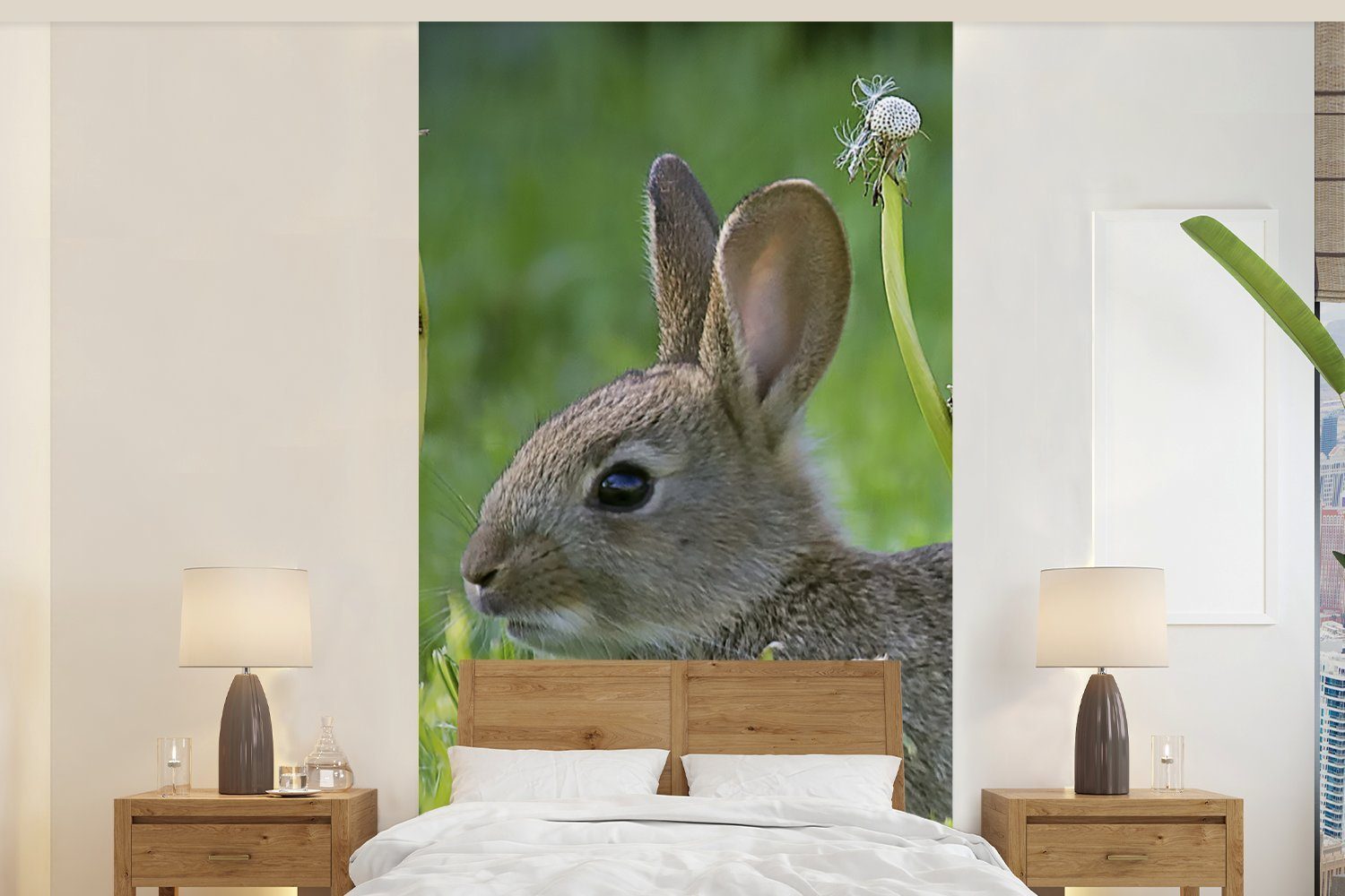 MuchoWow Wohnzimmer Matt, Gras, - für St), Küche, Schlafzimmer - Kaninchen Blumen (2 Fototapete Fototapete Vliestapete bedruckt,