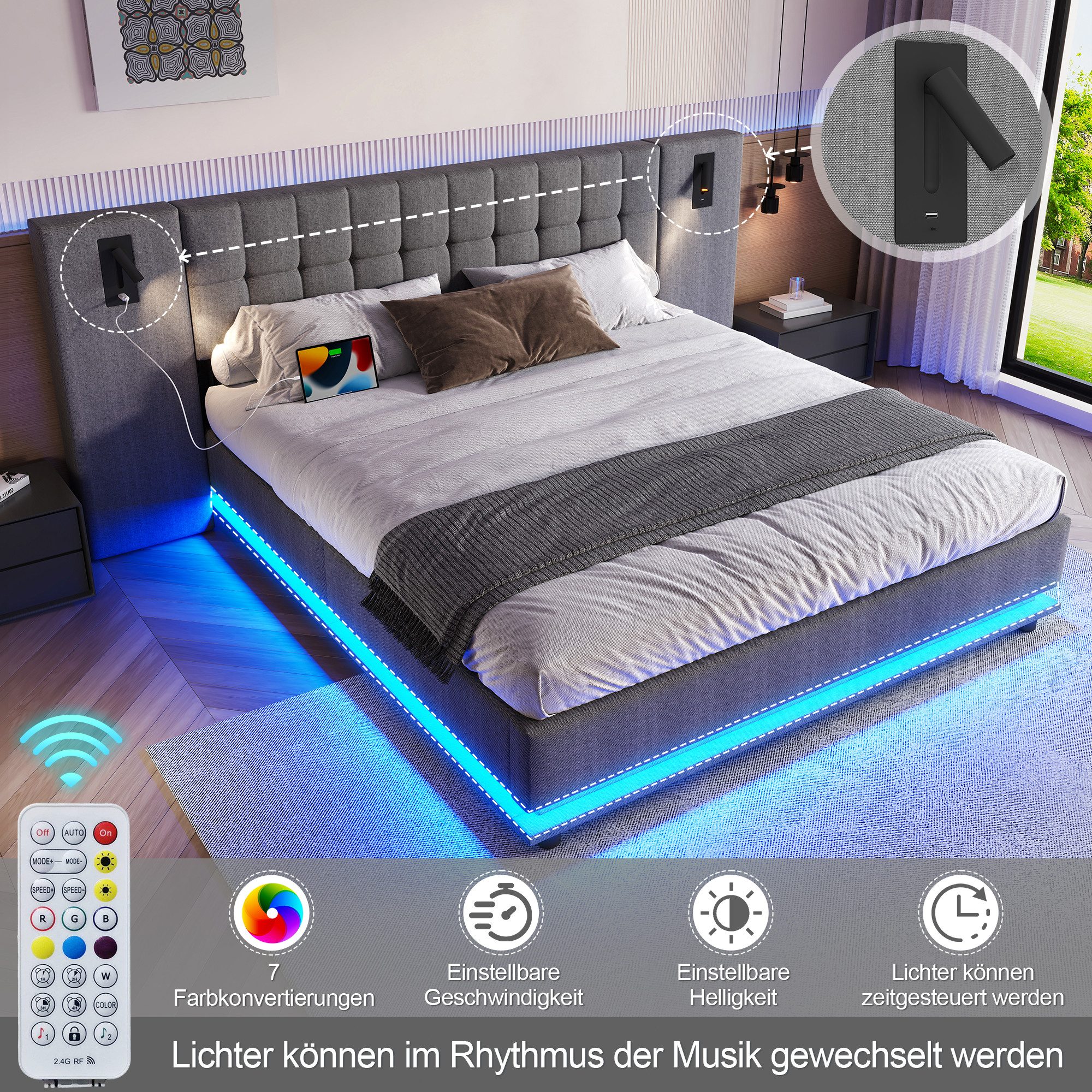 REDOM Polsterbett mit LED-Leiste & USB, günstig online kaufen