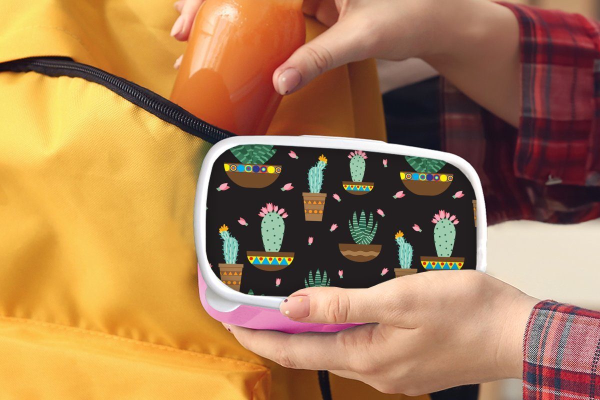 MuchoWow Lunchbox Kaktus - Kunststoff, Mädchen, Snackbox, Brotdose Muster - rosa Erwachsene, für (2-tlg), Kinder, Brotbox Pflanzen, Kunststoff
