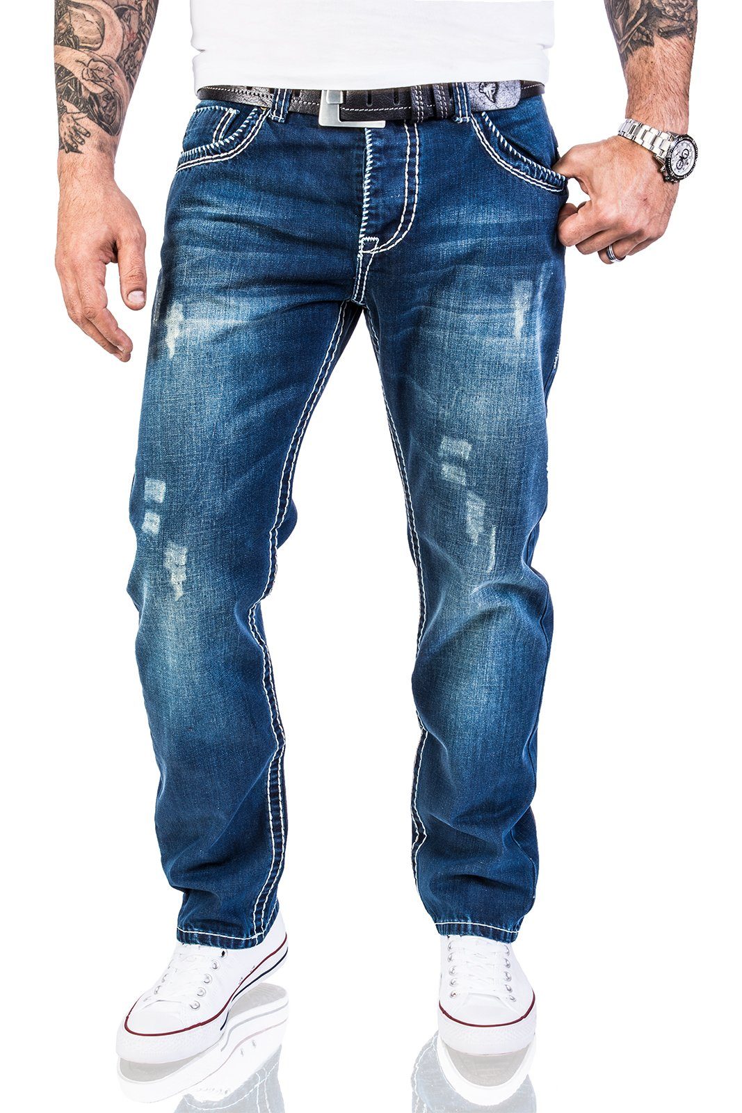 Naht dicke Jeans Creek Herren Rock RC-2056 Straight-Jeans Stonewashed