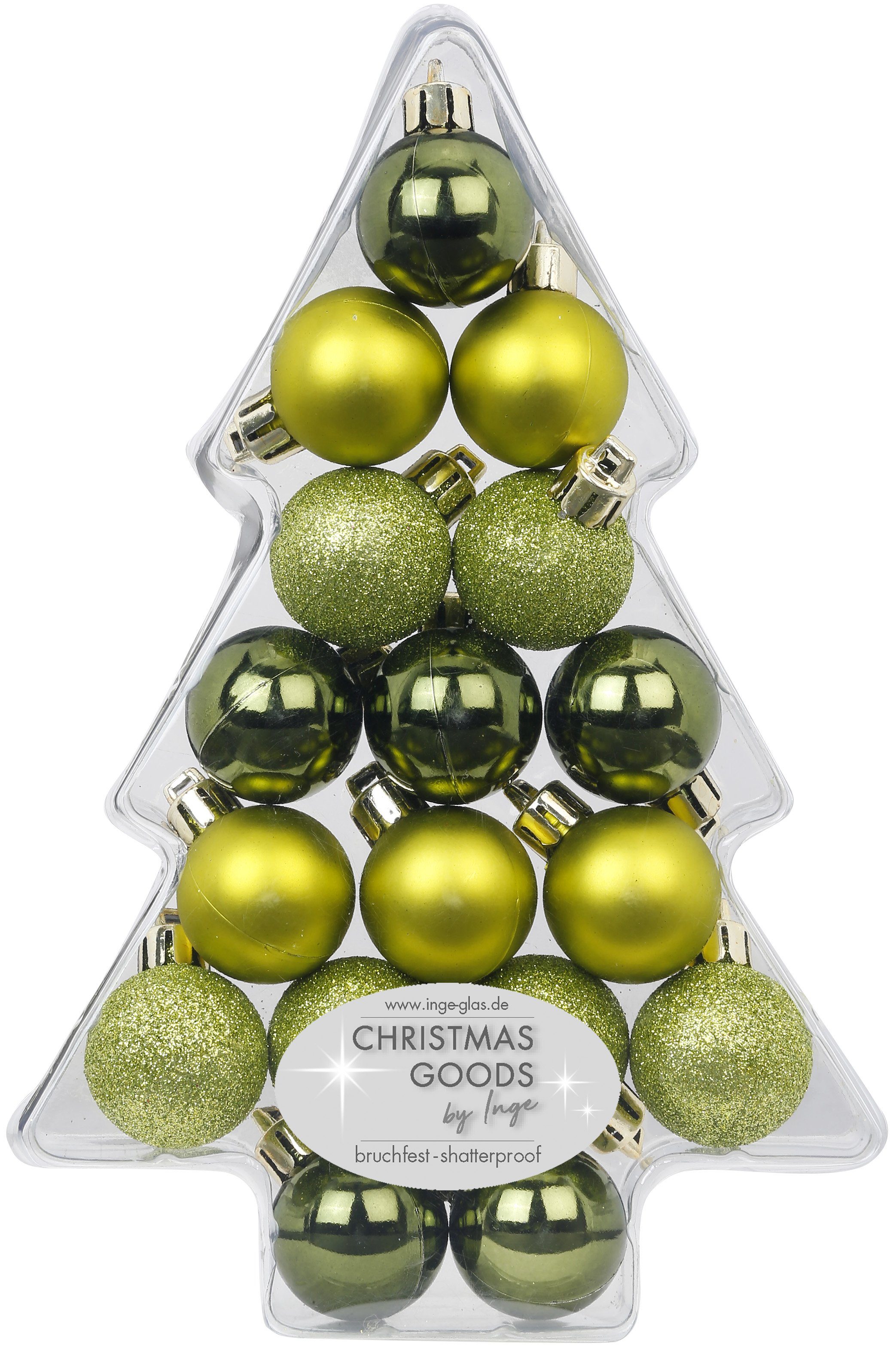 MAGIC by Inge Weihnachtsbaumkugel, Weihnachtskugeln Kunststoff 3cm in Tannenbaumbox Olive Green 17er Set | Weihnachtskugeln