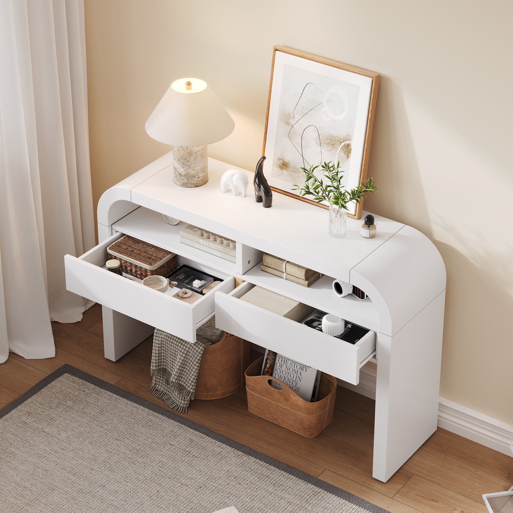 Odikalo Konsolentisch Sideboard Flurtisch mit offene und geschlossene Stauräume (120×35.5×76.5cm(L×W×H)Moderner Konsolentisch mit Schubladen für den Eingangsbereich Sideborad mit geschwungener Front und verstellbaren Fußpolstern Schmaler Konsolentisch für Diele)