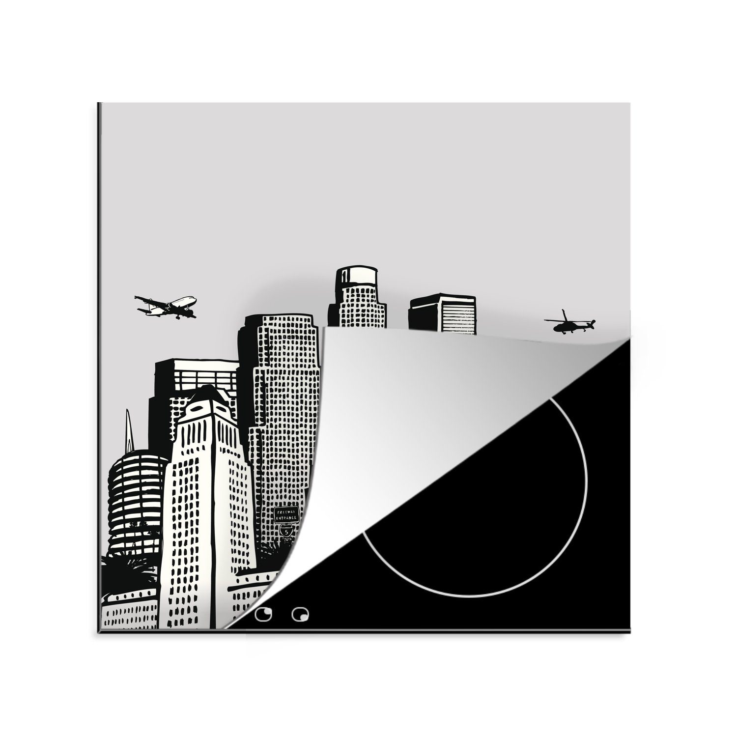 MuchoWow Herdblende-/Abdeckplatte Los Angeles - Schwarz - Weiß - Flugzeug, Vinyl, (1 tlg), 78x78 cm, Ceranfeldabdeckung, Arbeitsplatte für küche