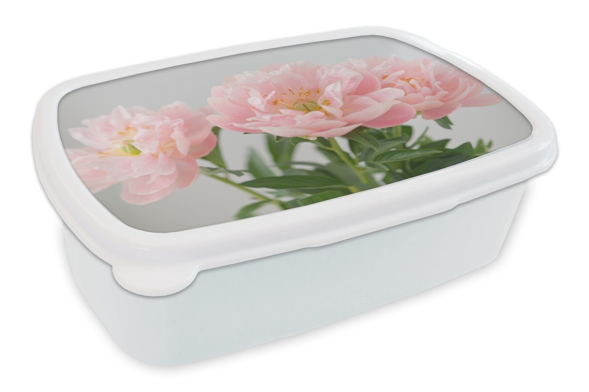 MuchoWow Lunchbox Blumenstrauß aus rosa Pfingstrosen, Kunststoff, (2-tlg), Brotbox für Kinder und Erwachsene, Brotdose, für Jungs und Mädchen weiß