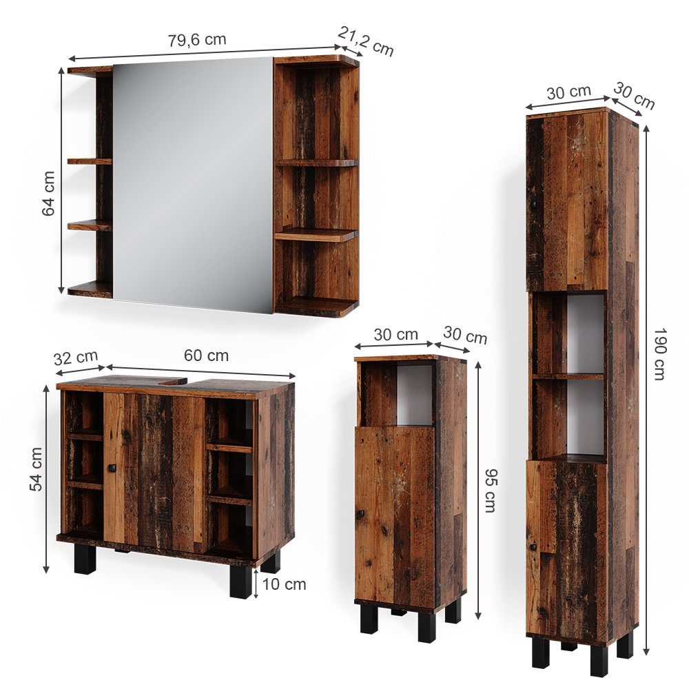 Vicco Badmöbel-Set Fynn, Antikholz, 4 Teile, (4-er Set, 4-St., 4er Set)