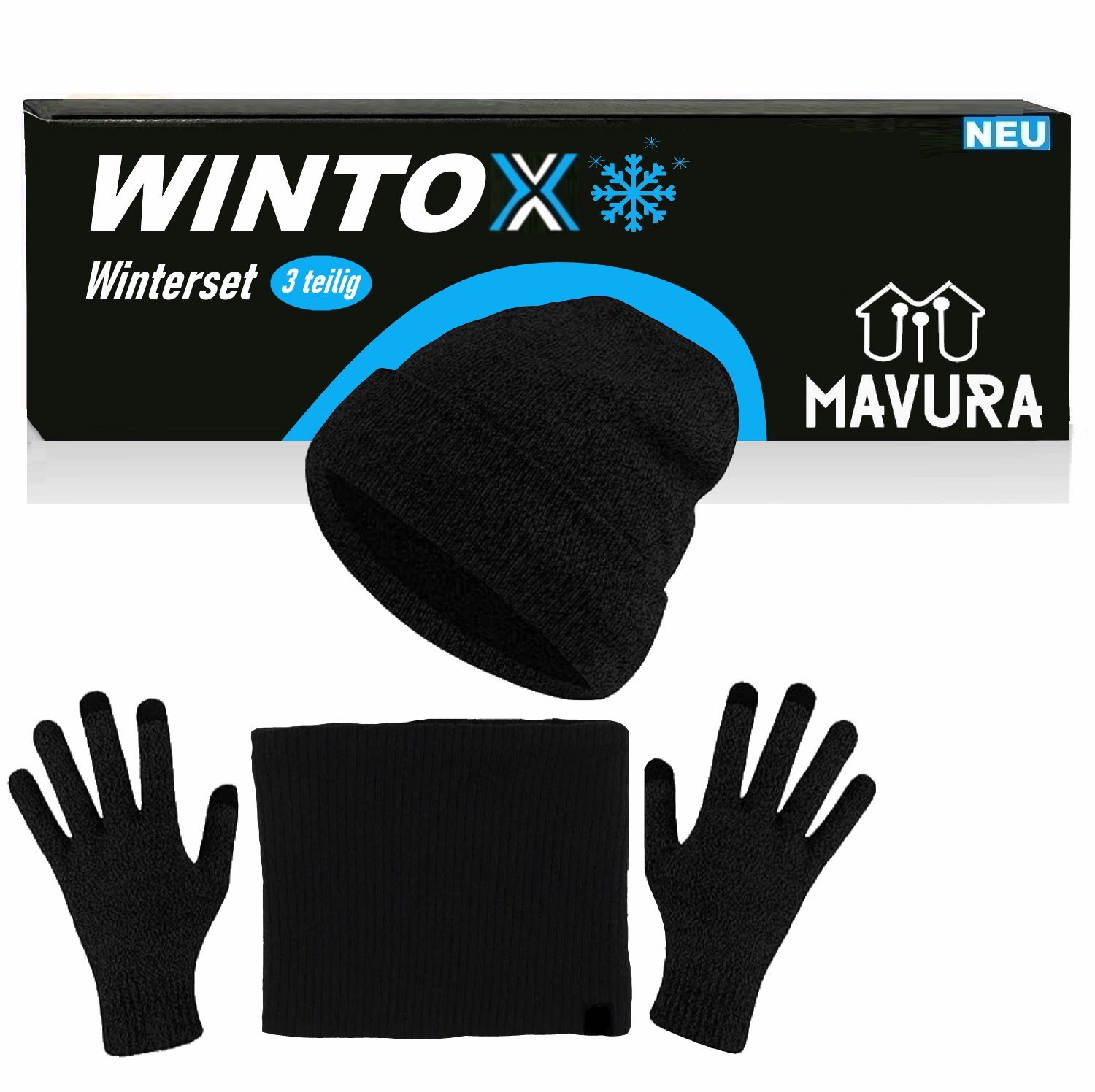 MAVURA Mütze & Schal bestehend Set WINTOX aus Herren & schwarz Handschuhe Winter Damen für & Wintermütze, Schlauchschal Unisex