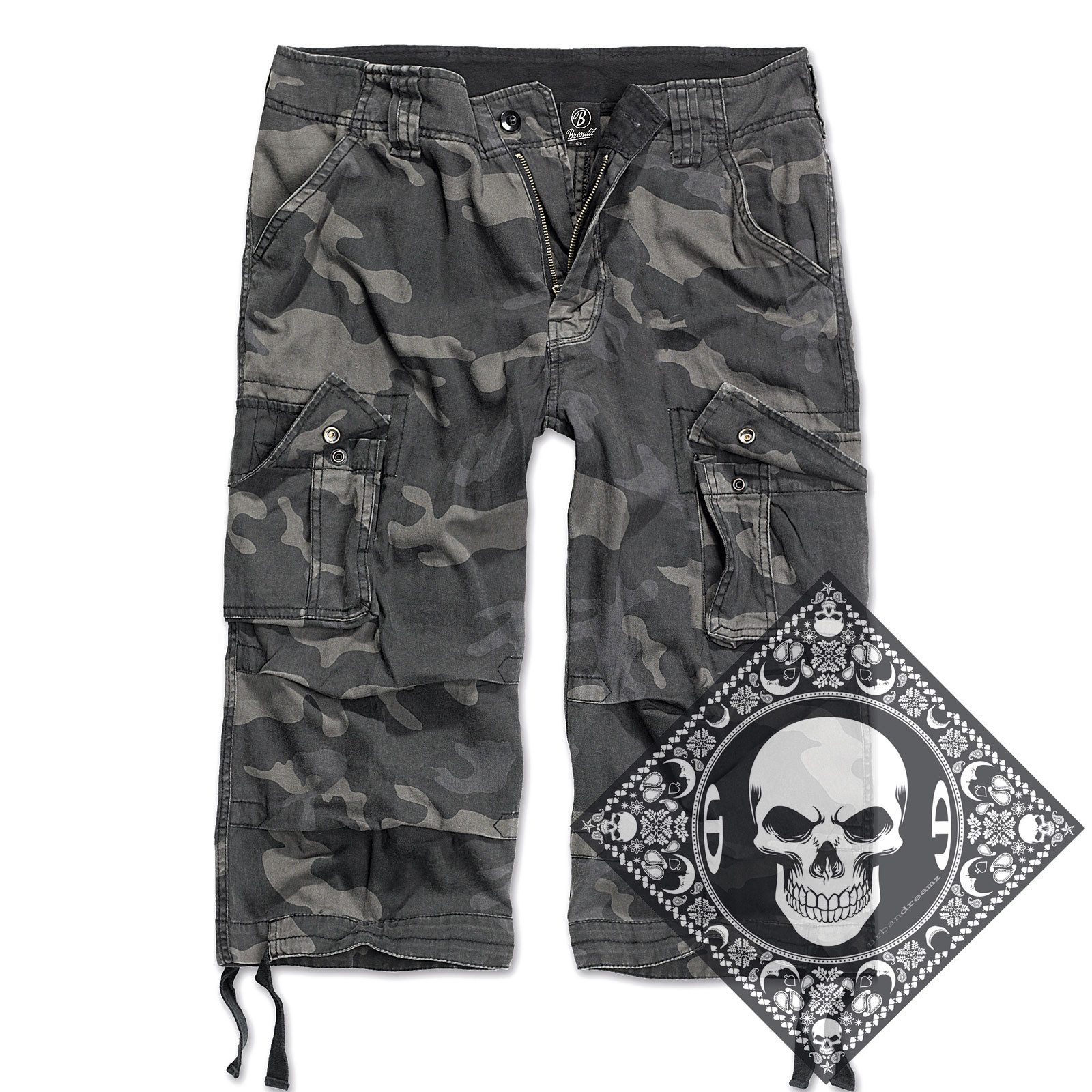 Brandit Cargoshorts Cargo Shorts kurze Hose Legend 3/4 lang Army mit UD Bandana
