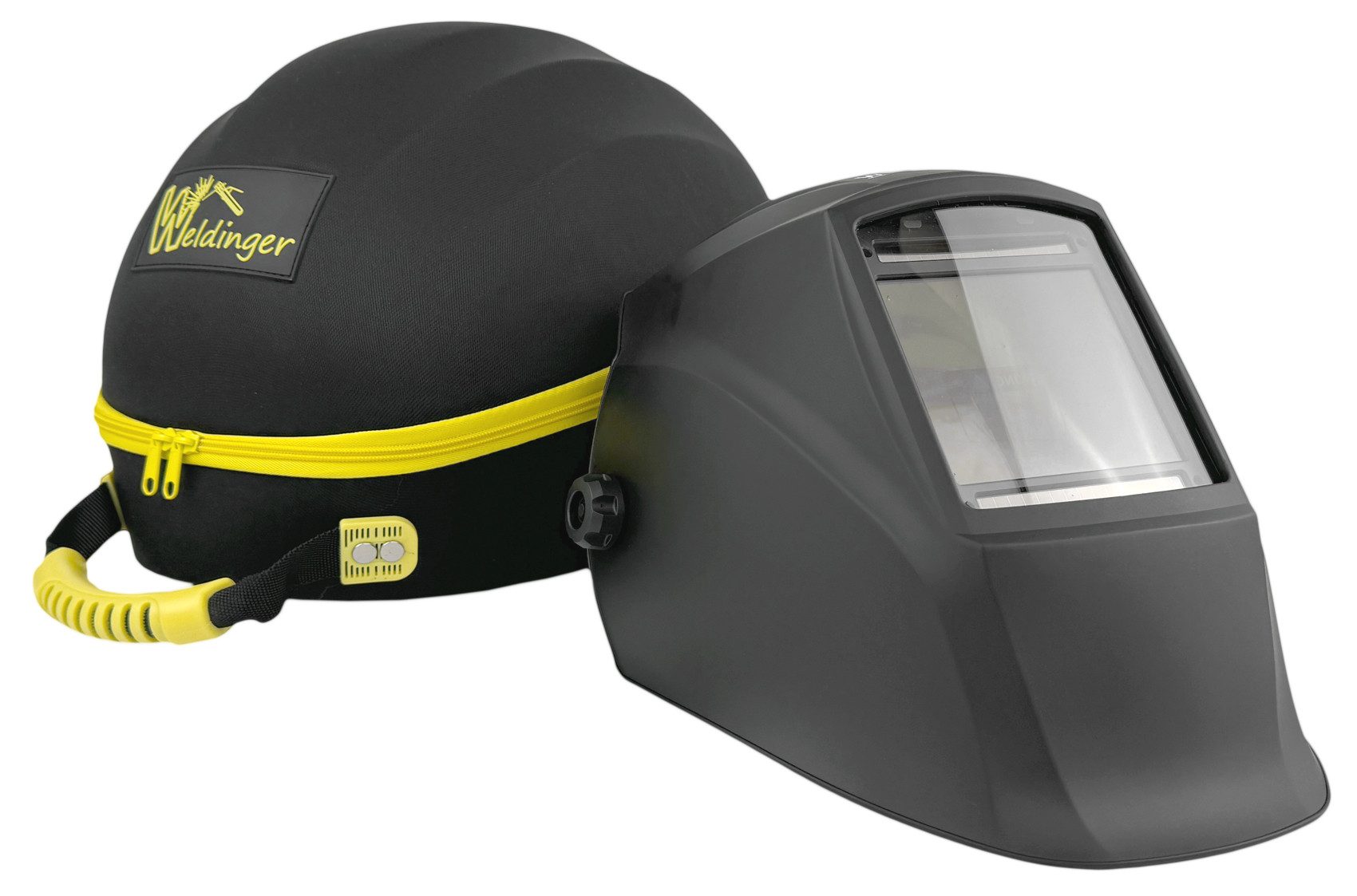 WELDINGER Schweißhelm Automatikschweißhelm AH 500 realcolour Panoramasichtfeld + Helmcase (Set, 2-tlg., Automatikschweißhelm und Helmtasche), Panorama-Sichtfeld, Filtermodul mit 4 Lichtbogensensoren