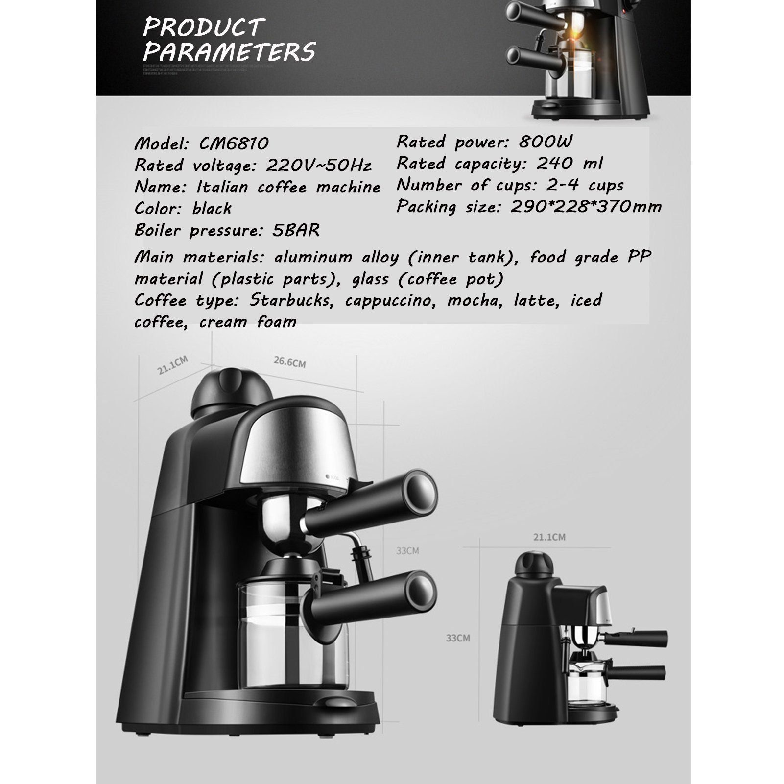 Mutoy Espressomaschine CM6810, kleine Kaffeemaschine Milchschäumer, W, für 800 Espresso, zu Bar mit 4 bis 5 Tassen