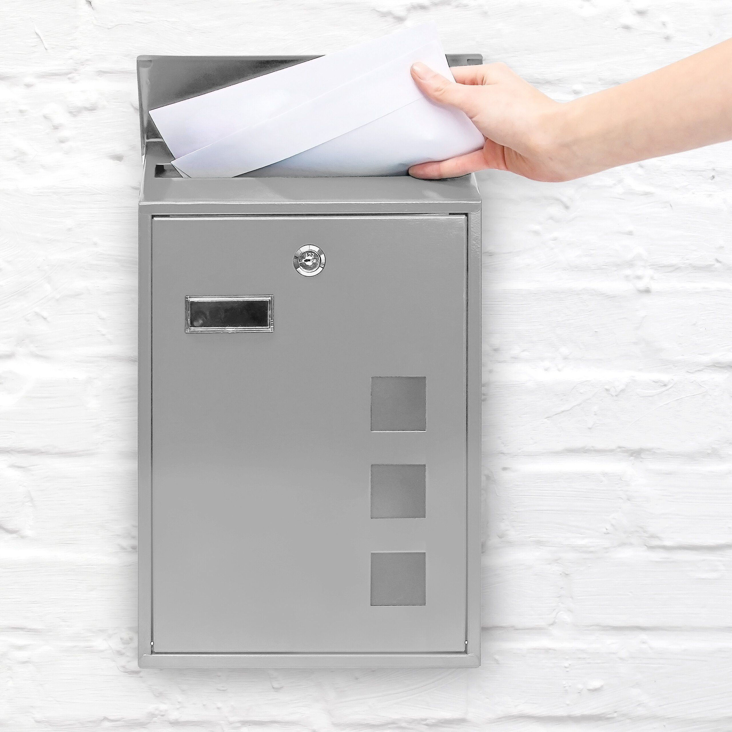 relaxdays Briefkasten 3 Fenster Farbauswahl, Silber günstig online kaufen