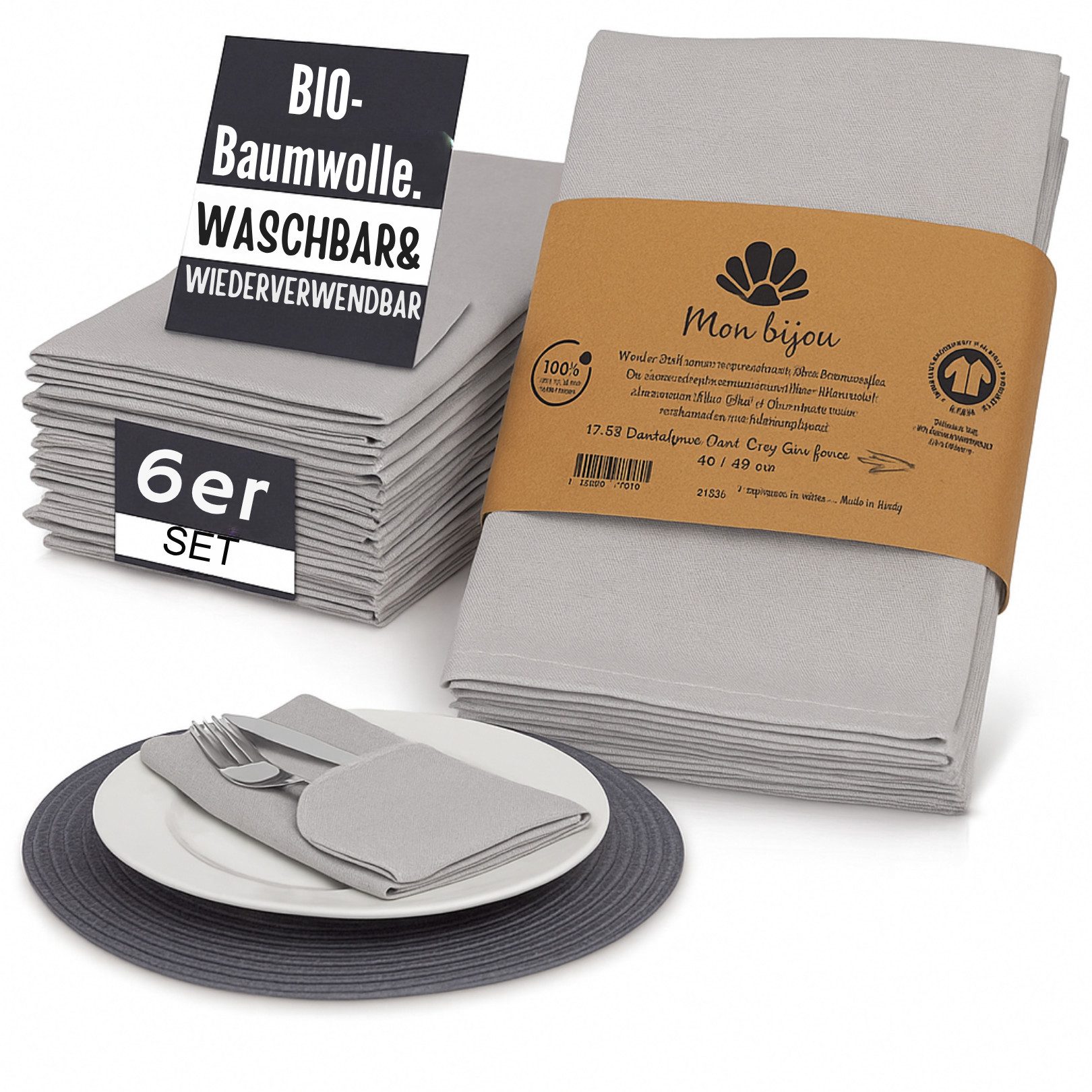Mon Bijou Stoffserviette Stoffservietten Bio Baumwolle grau, weiß, dunkelgrau Servietten Stoff, (für Restaurants hochwertige Gastronomie Tischservietten Set 45 x 45cm, 6 St., Tischdeko für Hochzeit, Weihnachten, Geburtstagsfeier, Familienfeier), Baumwolls