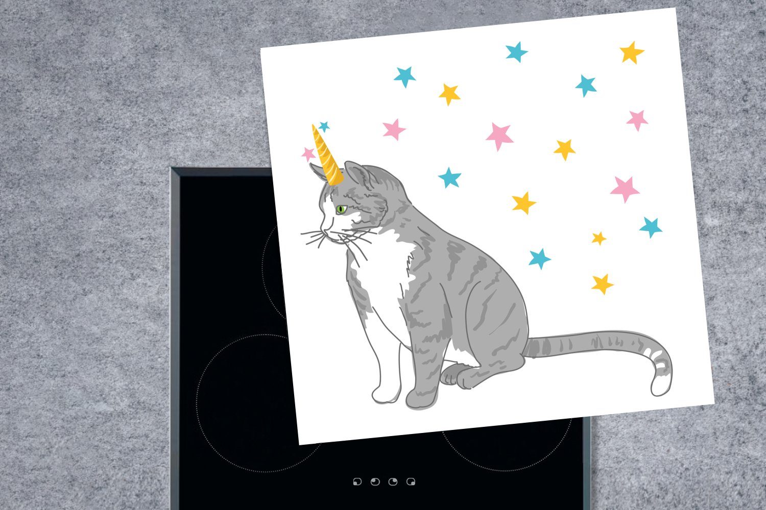 Katze (1 cm, Illustration MuchoWow Ceranfeldabdeckung, tlg), Einhorn, 78x78 küche Arbeitsplatte Kinder Vinyl, Herdblende-/Abdeckplatte für