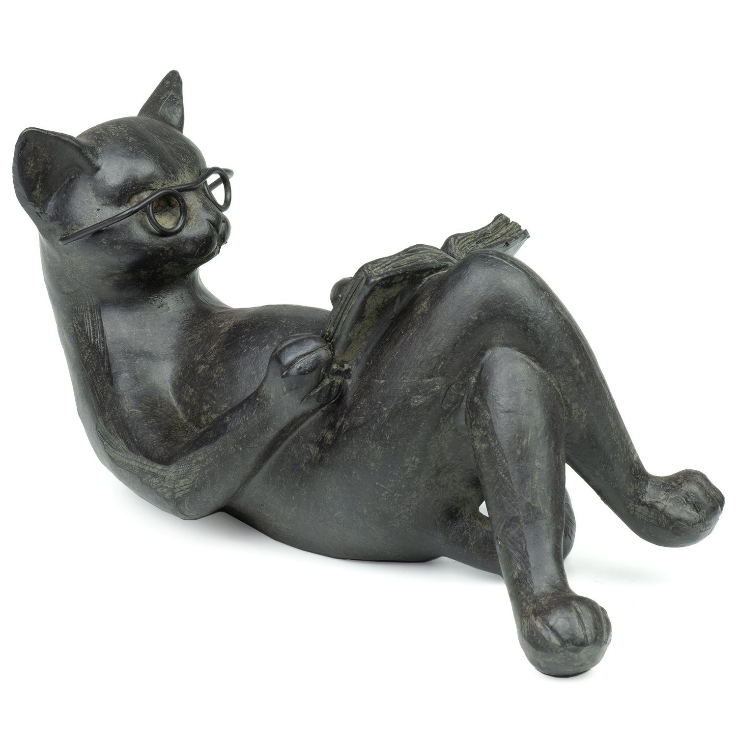 Leseratte, Moritz Dekofigur Kater Figuren Katze Deko Figur Dekoration Katze Brille Dekofigur Polyresin Moritz Katzenfigur Buch Lesende 14x7,5 cm