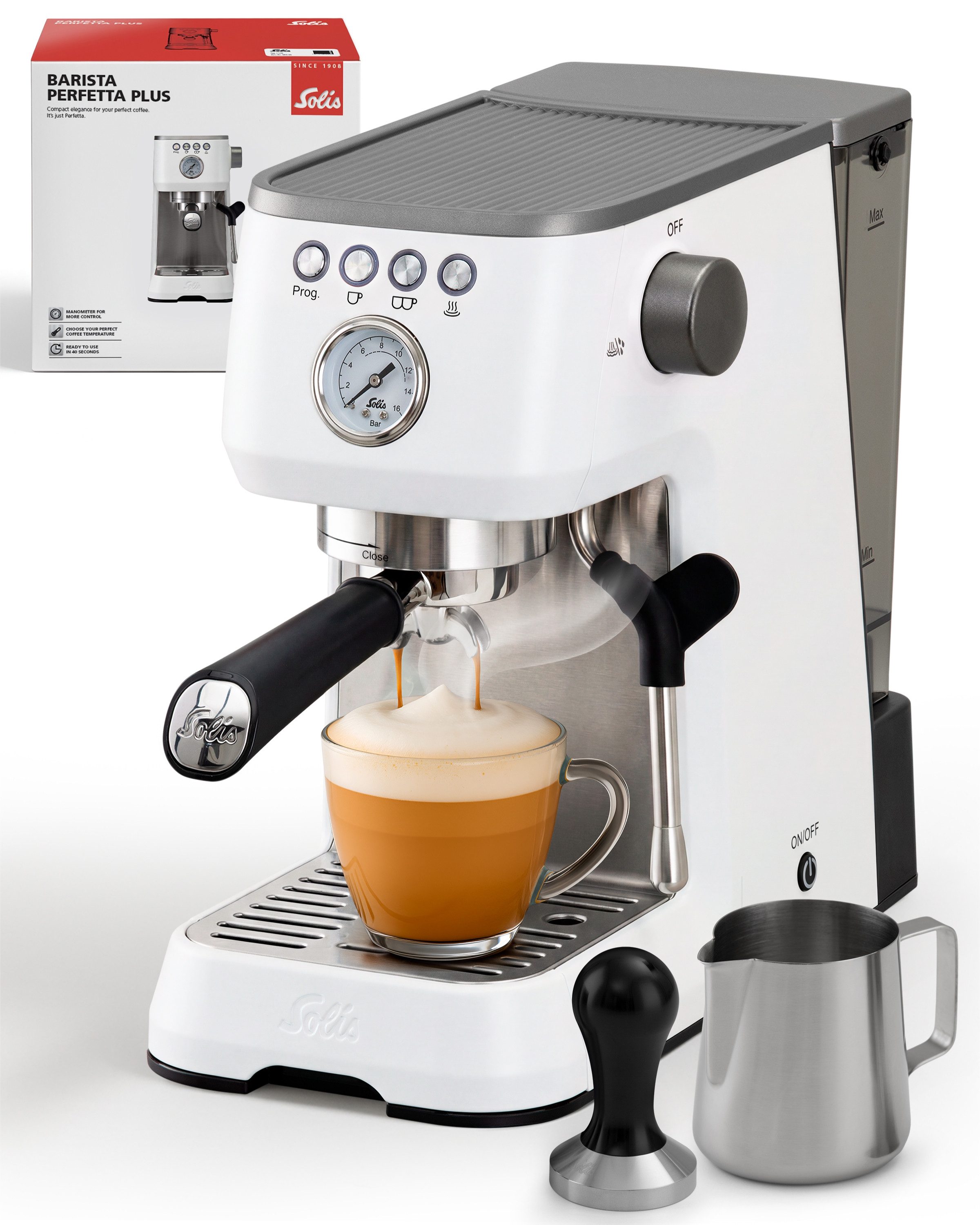 SOLIS OF SWITZERLAND Siebträgermaschine Barista Perfetta Plus v2, Typ 1170, Siebträger 54 mm, 54 mm Siebhalter, Milchaufschäumer, Bohnen, Pads