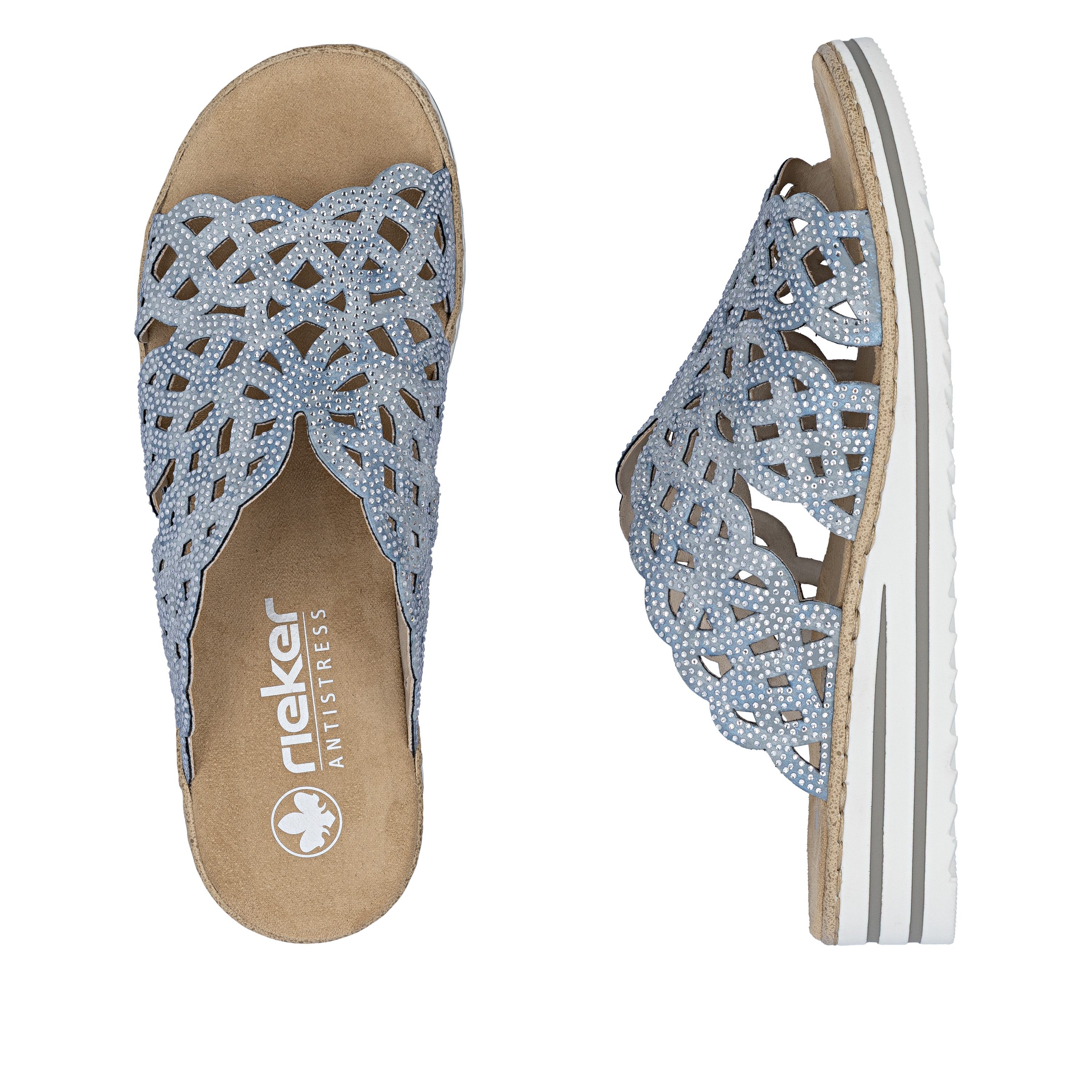 Rieker Pantolette Sommerschuh, Strandschuh, Hausschuh, Keilabsatz, mit Strass-Steinchen