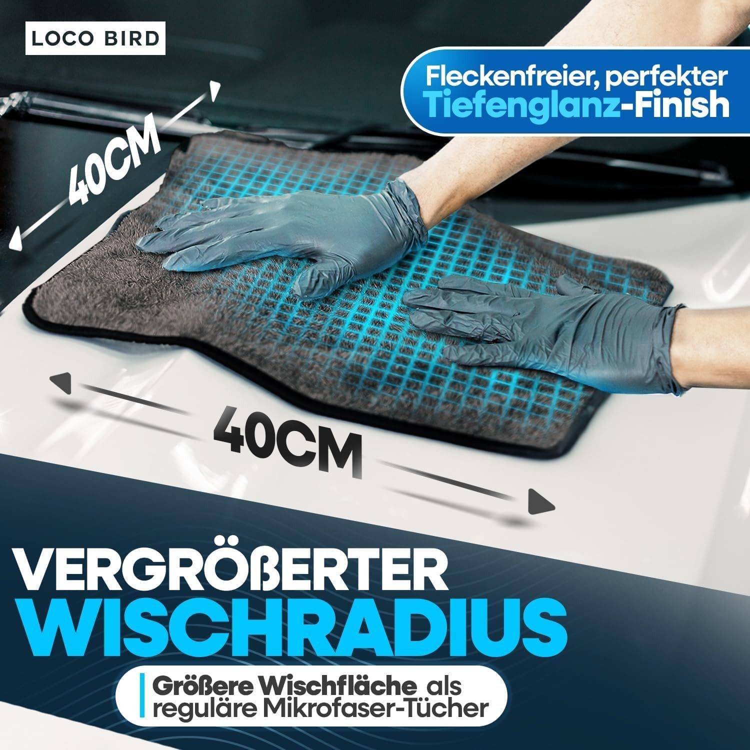 Loco Bird Mikrofasertücher Auto 1100 GSM + Spiegeltuch für streifenfrei Glanz Mikrofasertuch (Spar-Set, 5-tlg., Trockentuch 40x40cm - Fensterputztücher 40x50cm)