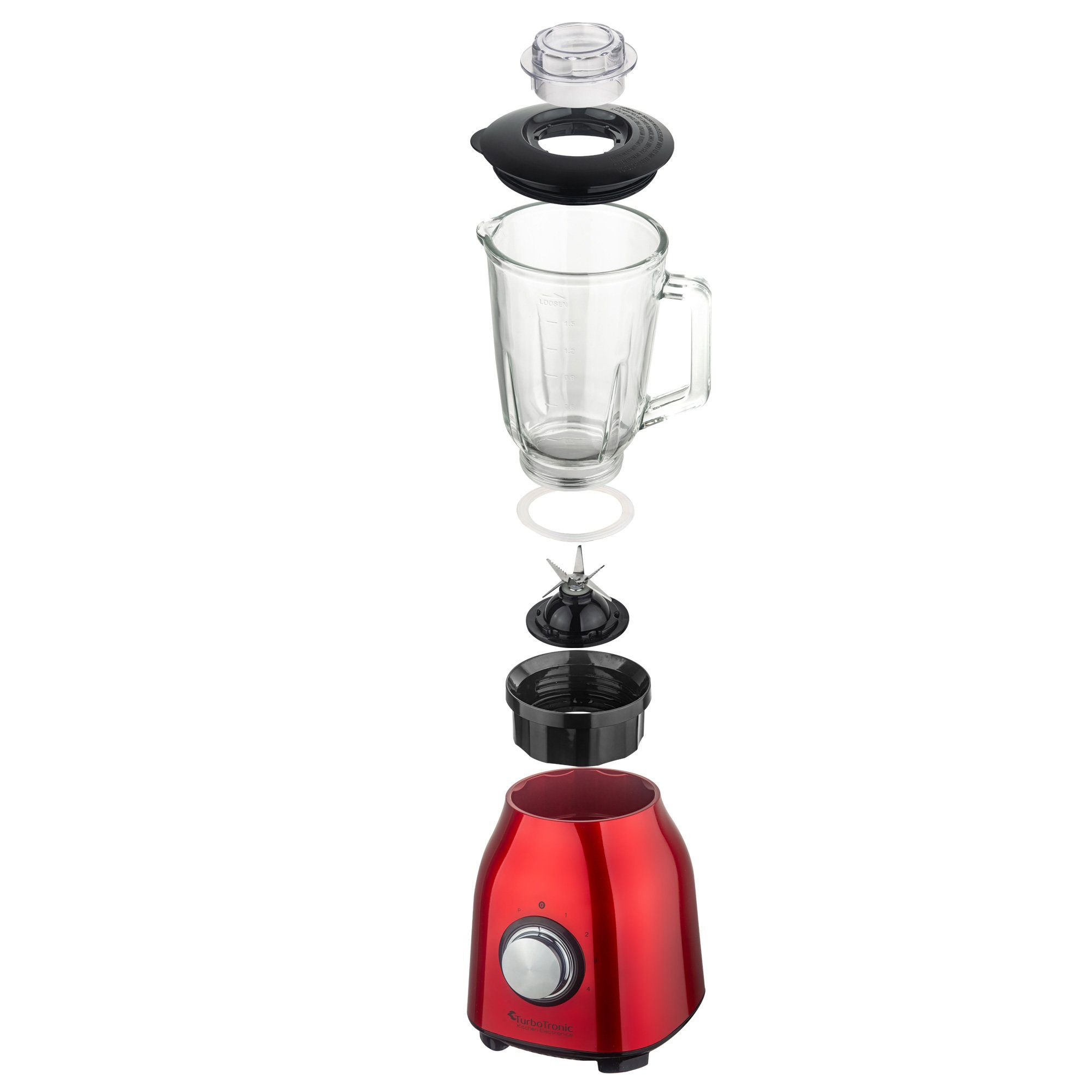 TurboTronic by Smoothie Maker Ice Blender Watt 1400 Glasbehälter, Funktion Z-Line W, mit Mixer BG6 Milchshaker Crush Standmixer - 1,5L Rot Glas 1400