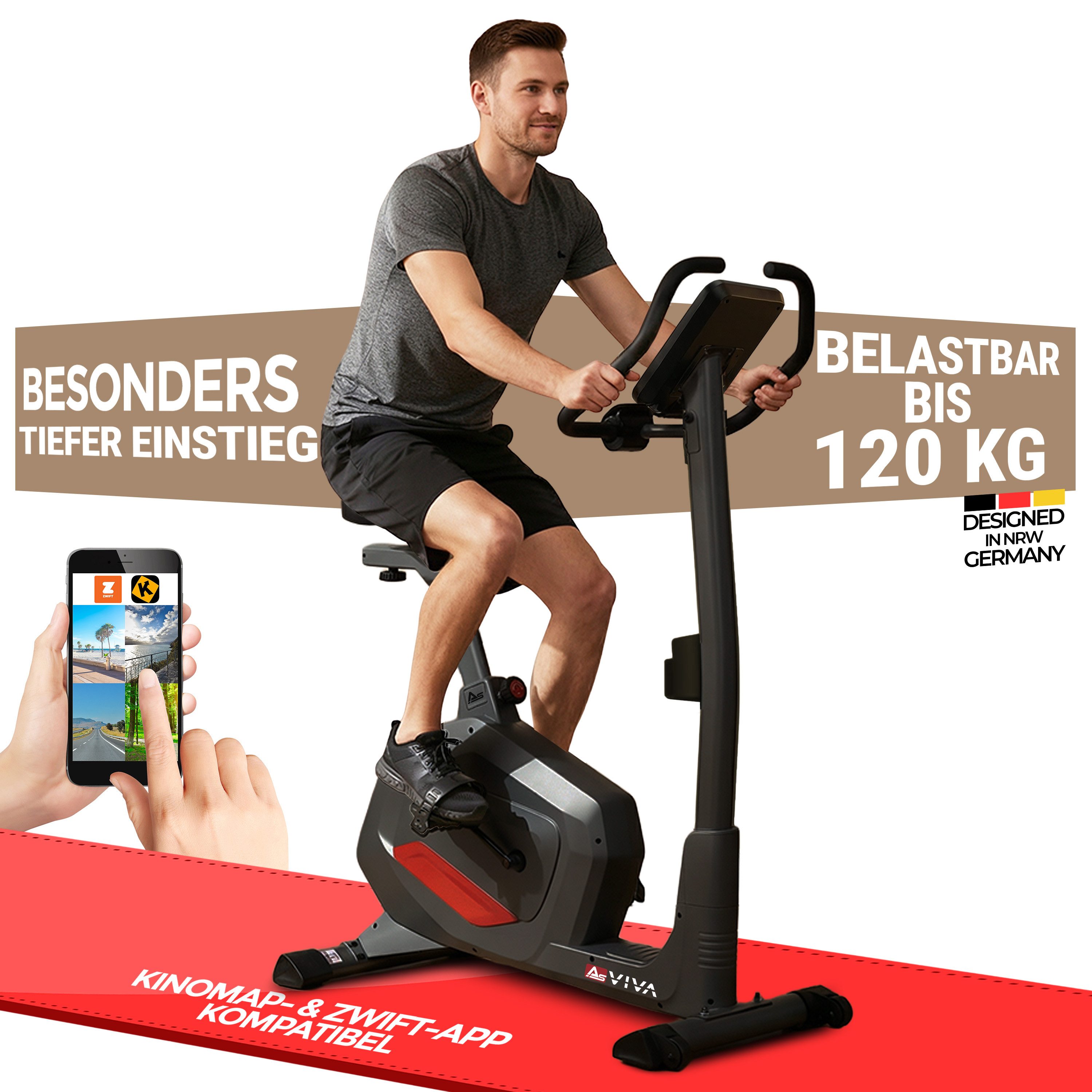 AsVIVA Heimtrainer H22 Ergometer mit automatischer Widerstandsanpassung für Fitness-Apps, 12 kg Schwungmasse, App-kompatibel, Cardio-Programme
