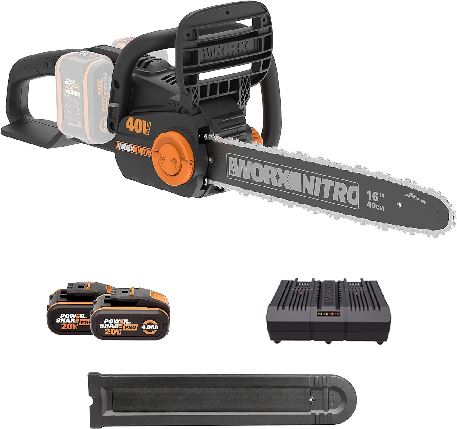 Worx Akku-Kettensäge WORX NITRO Akku Kettensäge WG385E 40V inkl. Akku und Ladegerät, 40,00 cm Schwertlänge, Rundumgriff, Fronthandschutz, Automatischer Kettenöler, Drahtlos