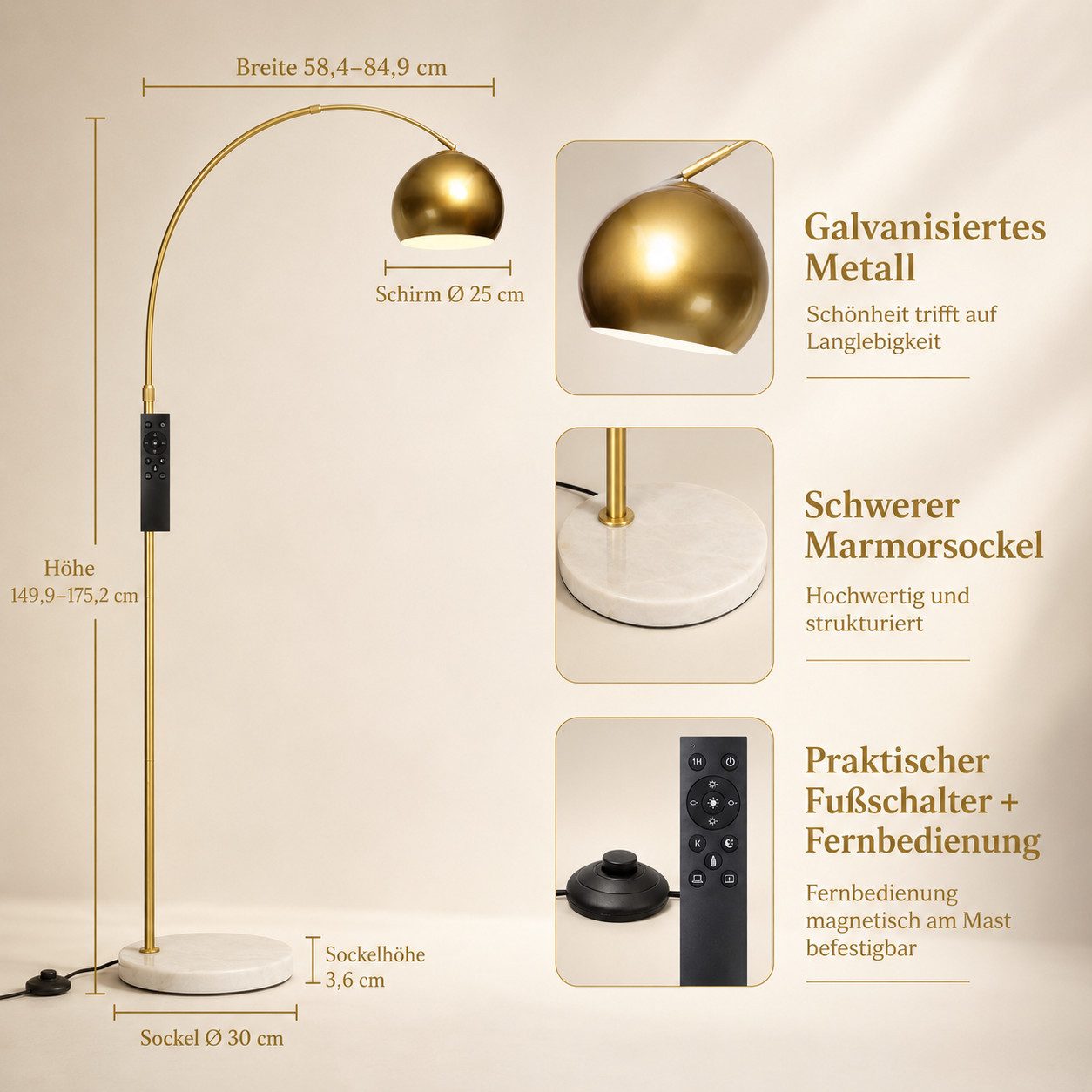 Sunicol Stehlampe Wohnzimmer Stehlampe dimmbar mit Fernbedienung & Glühbirne, Timer, Verstellbarem Metallschirm und Marmorsockel für Schlafzimmer