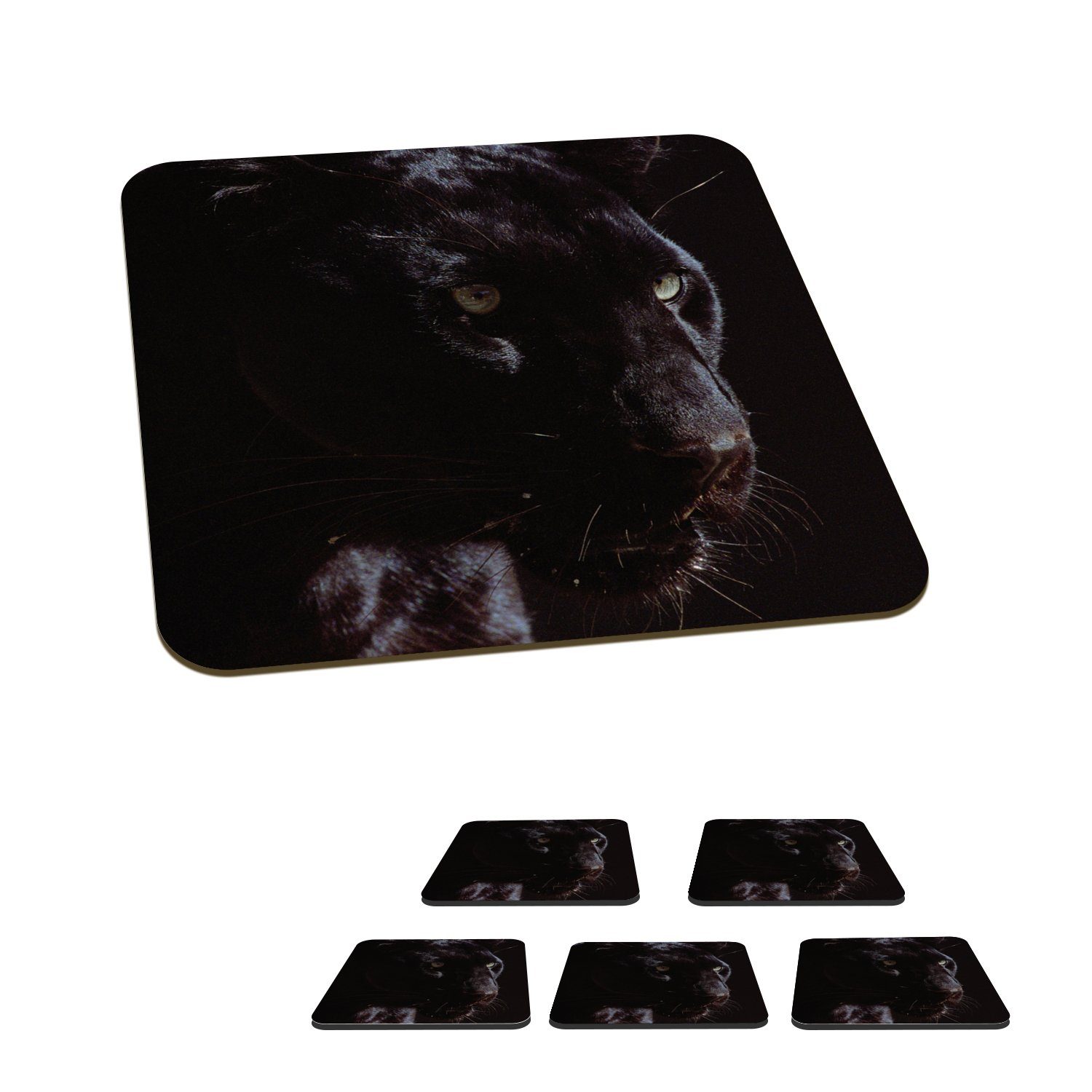 MuchoWow Glasuntersetzer Panther - Tier - Schwarz, Zubehör für Gläser, 6-tlg., Glasuntersetzer, Tischuntersetzer, Korkuntersetzer, Untersetzer, Tasse