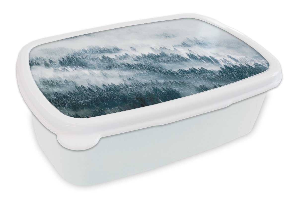 MuchoWow Lunchbox Winter - Nebel - Wald - Schnee - Kiefer, Kunststoff, (2-tlg), Brotbox für Kinder und Erwachsene, Brotdose, für Jungs und Mädchen weiß