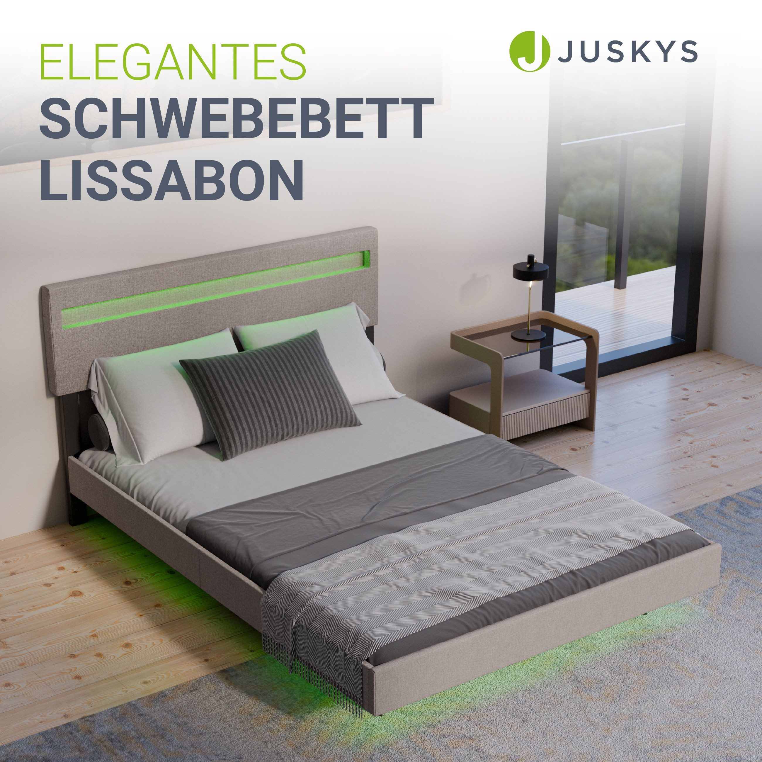 Juskys Polsterbett Lissabon, LED-Beleuchtung, Leinen, verstellbares Kopftei günstig online kaufen