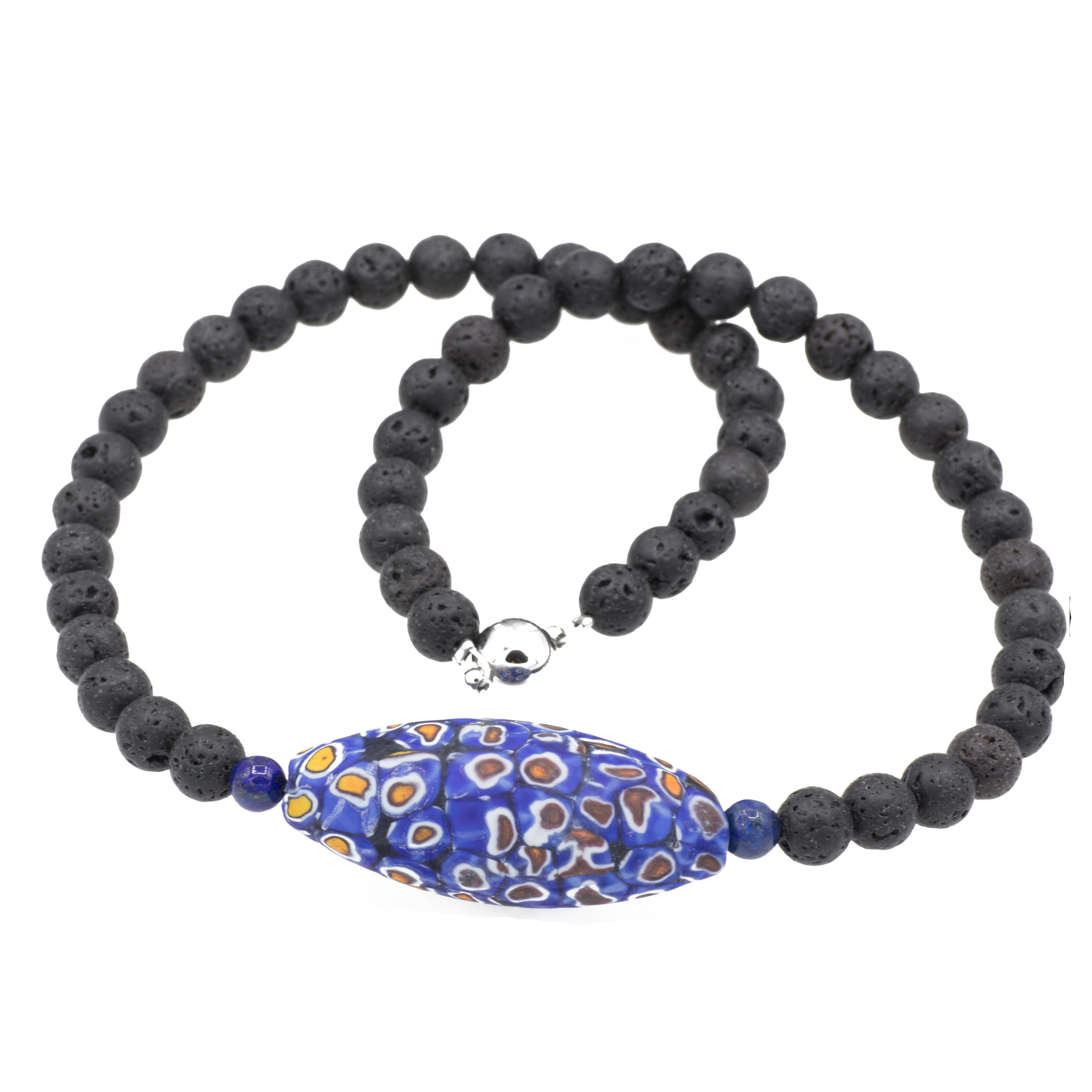 Perlenkette Kette mit Lava und einer Murano Glas Mosaik Perle blau