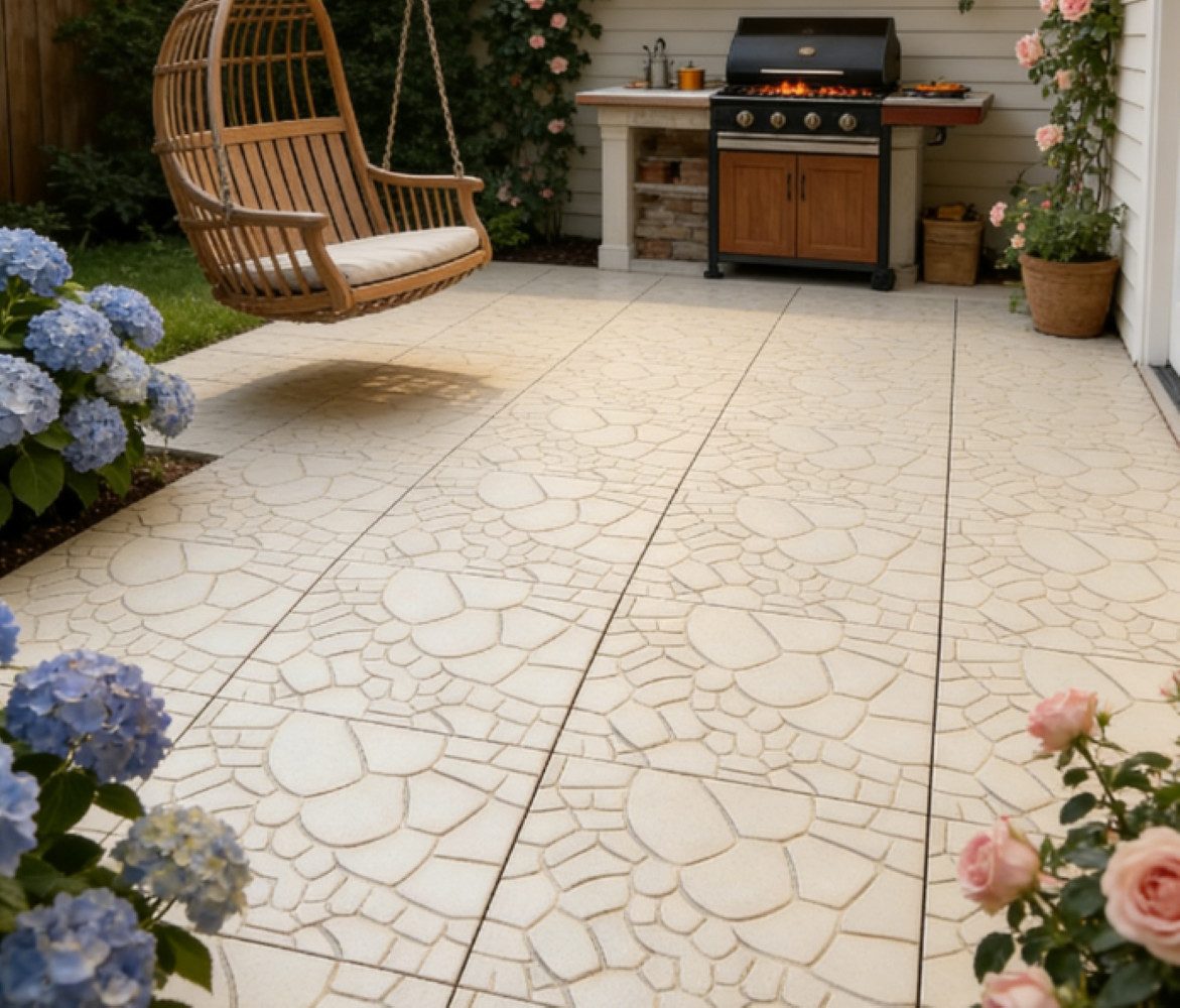 BBG Terrassendielen 44er Set WPC Klickfliesen 30.5x30.5 cm, 4 m², BxL: je 30.5x30.5 cm, 20 mm Stärke, (Steinoptik Terrassenfliesen Kunststoff), Interlocking Balkonfliesen Outdoor, rutschfest & wasserabweisend
