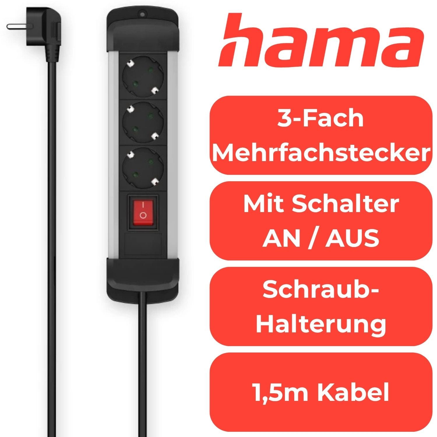 Hama Alu Mehrfachstecker 3-Fach mit Schalter 1,5m Steckdosenleiste 3-fach (Berührungsschutz, Kabellänge 1.5 m), Steckdosenleiste mit Schalter Steckerleiste Mehr – Bild 2 von 5