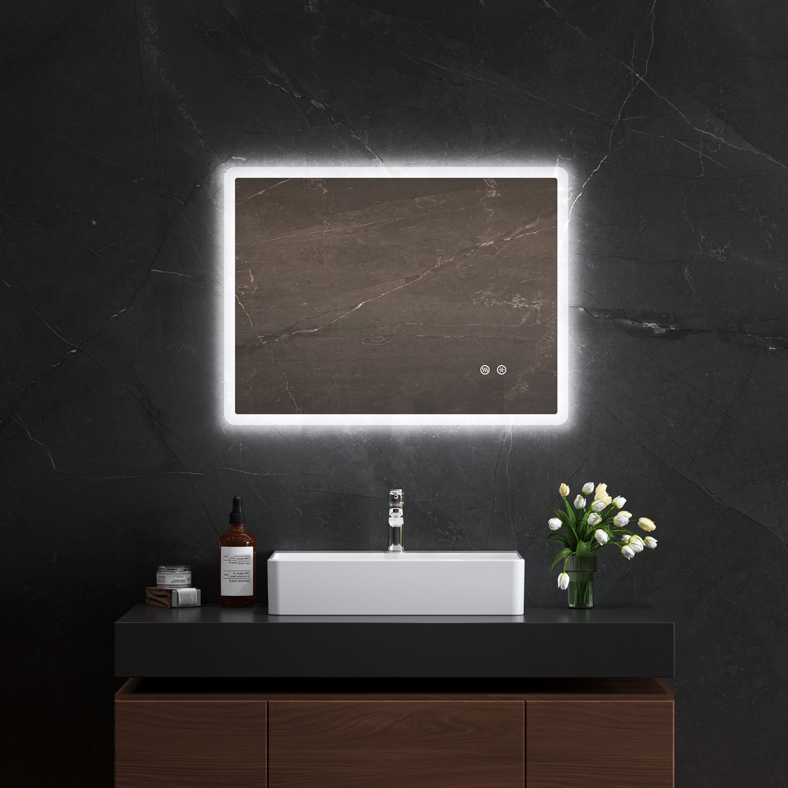 HOROW Badspiegel Badezimmerspiegel mit Touch-Schalter und dreifarbiger LED-Beleuchtung (Kaltweiß/Neutralweiß/Warmweiß Licht, Dimmbar, Antibeschlagfunktion, Speicherfunktion, 3 Lichtfarben, Anti-Beschlag), Dimmbar, Antibeschlag- und Speicherfunktion, Energiesparend