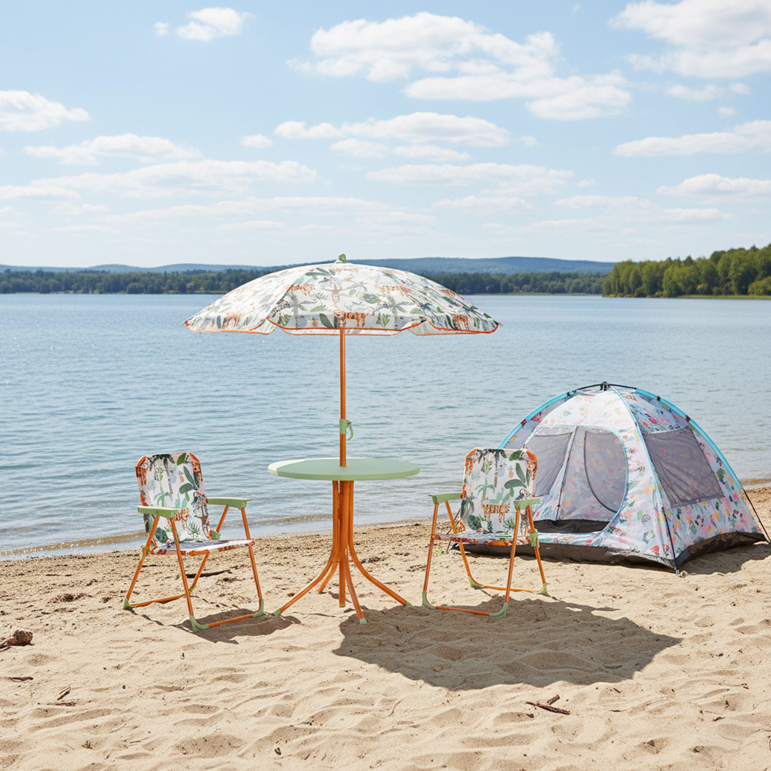 relaxdays Garten-Kindersitzgruppe Camping Kindersitzgruppe mit Schirm, Dschungel