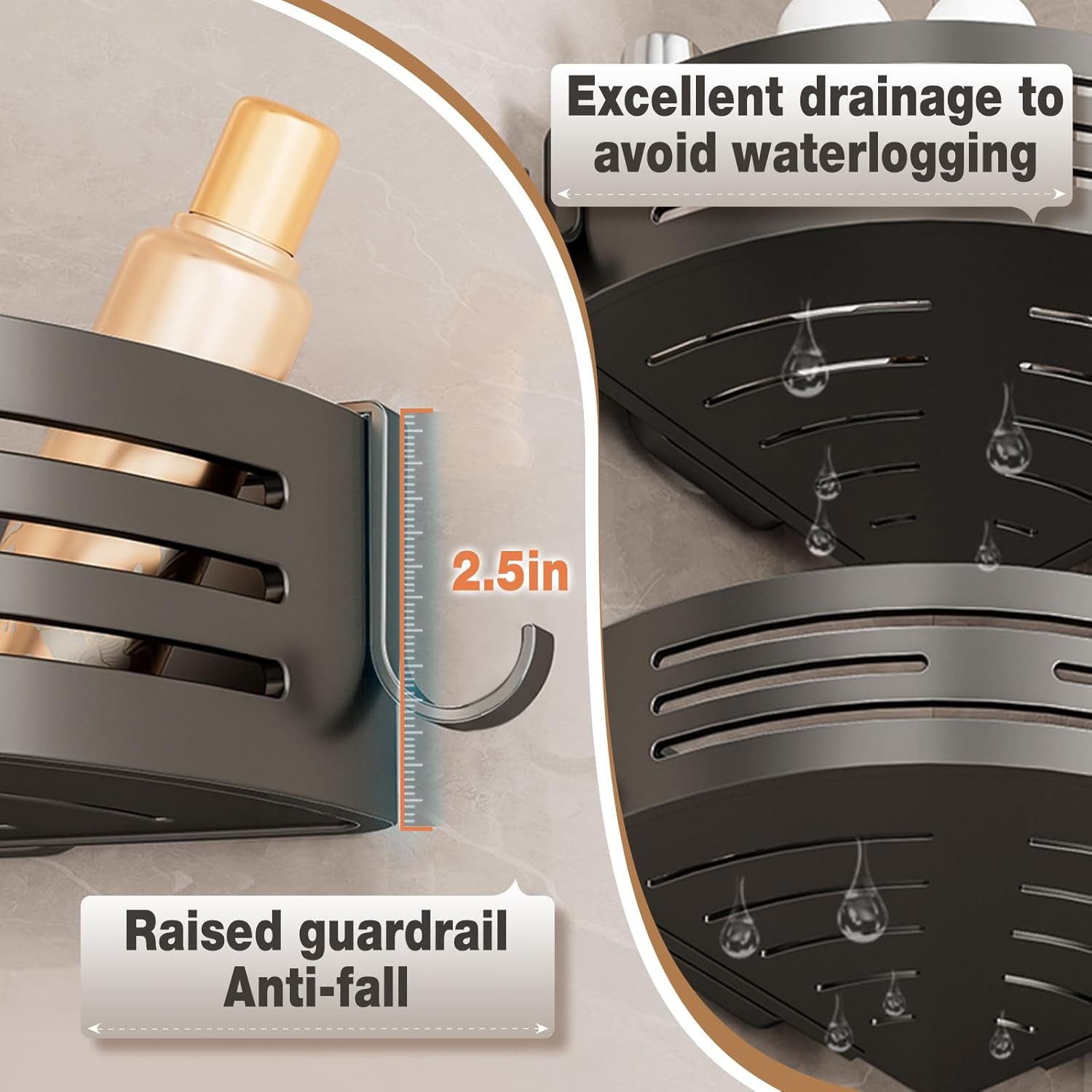 SURFOU Badregal Ecke Duschablage Ohne Bohren 2-Stück Duschregal Badezimmer Organizer, mit 4 Klebeflächen und 4 Haken 2-tlg., Rostfreier Edelstahl, für Bäder Küc – Bild 5 von 5