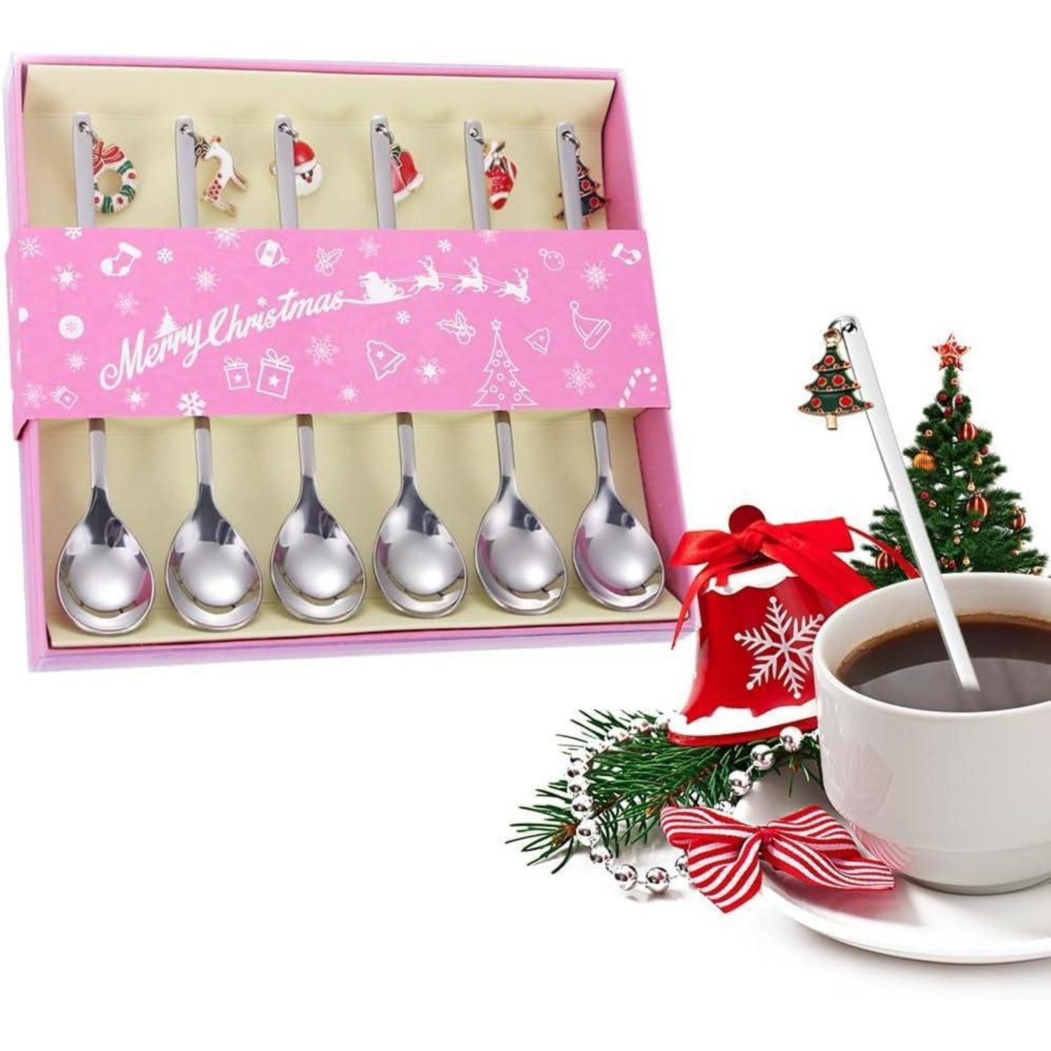 LuxusKollektion Teelöffel Weihnachtslöffel Set 6 Kaffeelöffel Edelstahl Geschenkbox Silber