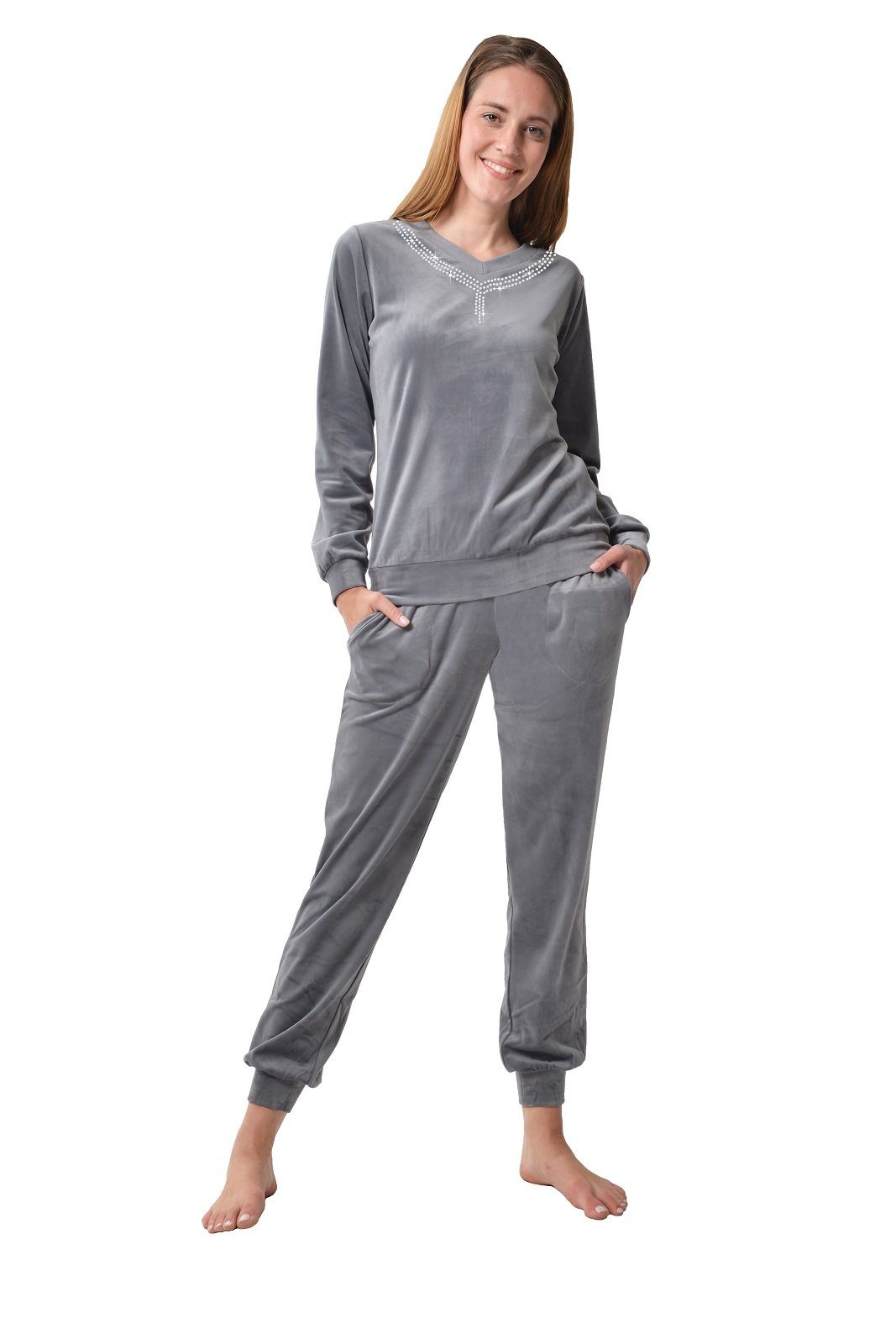 RAIKOU Hausanzug elegant Homewear Freizeitanzug Fitnessanzug (2-Teiliger Jogginganzug Trainingsanzug smartweiche Nicki, 2 tlg) am Ausschnitt mit hellem Stassstein