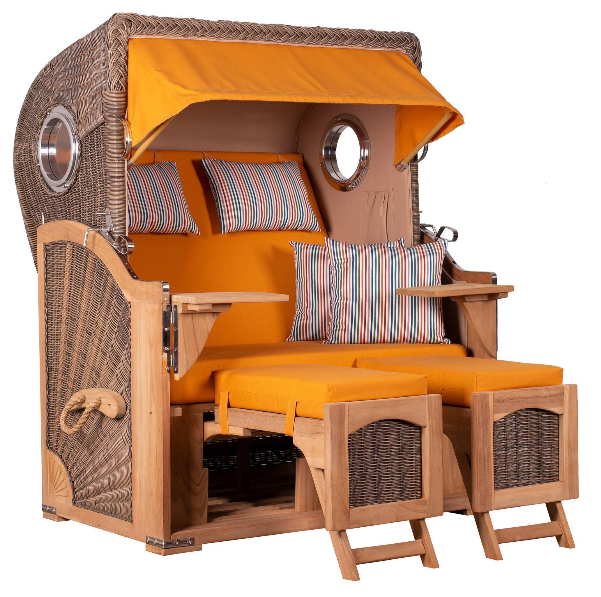 MR.DEKO Strandkorb Düne 2-Sitzer Teak Bullauge wetterfest PE-Geflecht grey, BxTxH: 125x80x170 cm, Düne, Düne, (Fertig montierter Strandkorb für Garten, Terrasse & Balkon), Wetterfester Volllieger mit Edelstahlbeschlägen & waschbaren Polstern