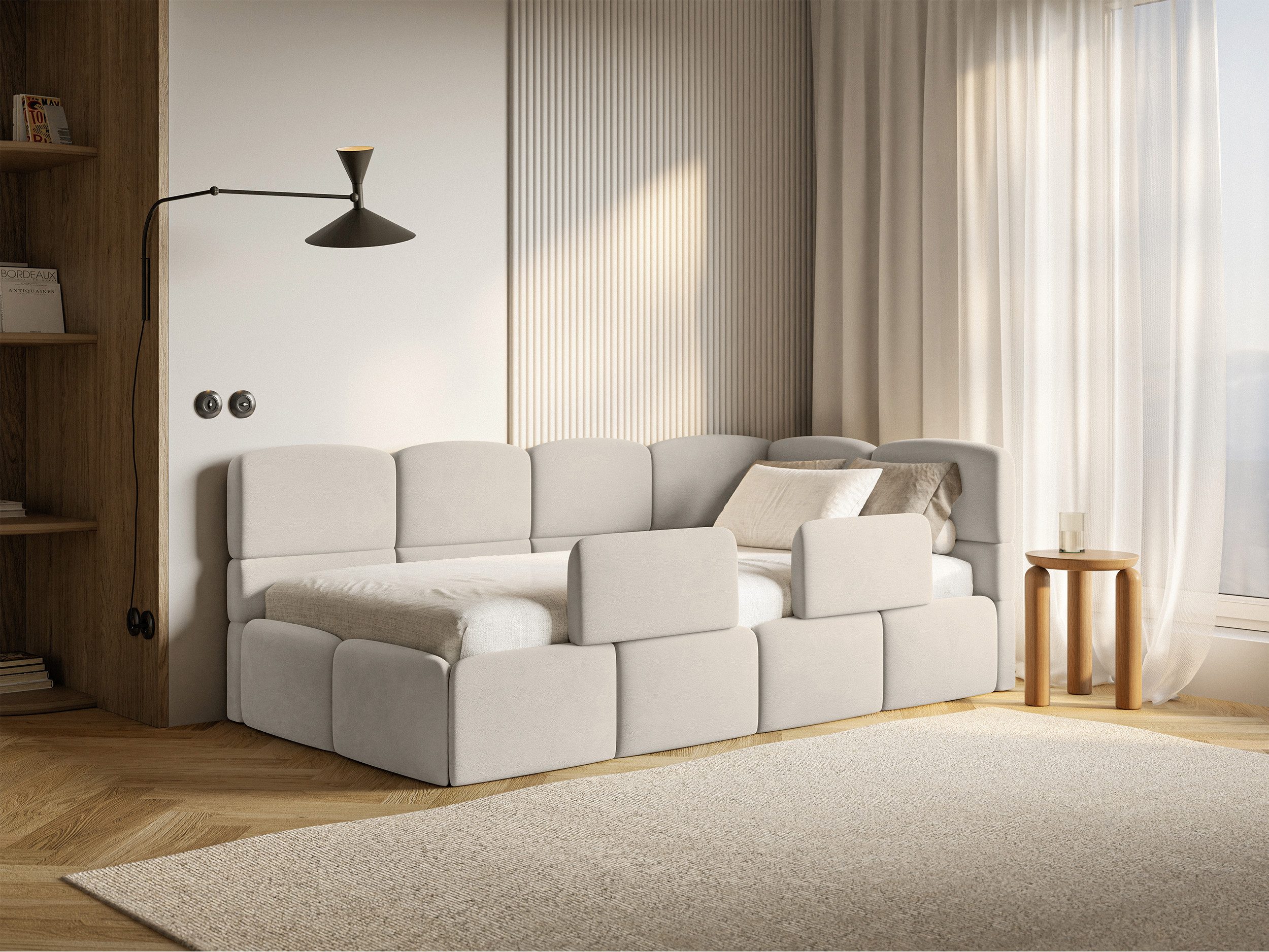Selsey Kinderbett CLOUDY, Eck-Kopfteil, Matratze & Stauraum, Easy-Clean-Velours, 120x200 cm