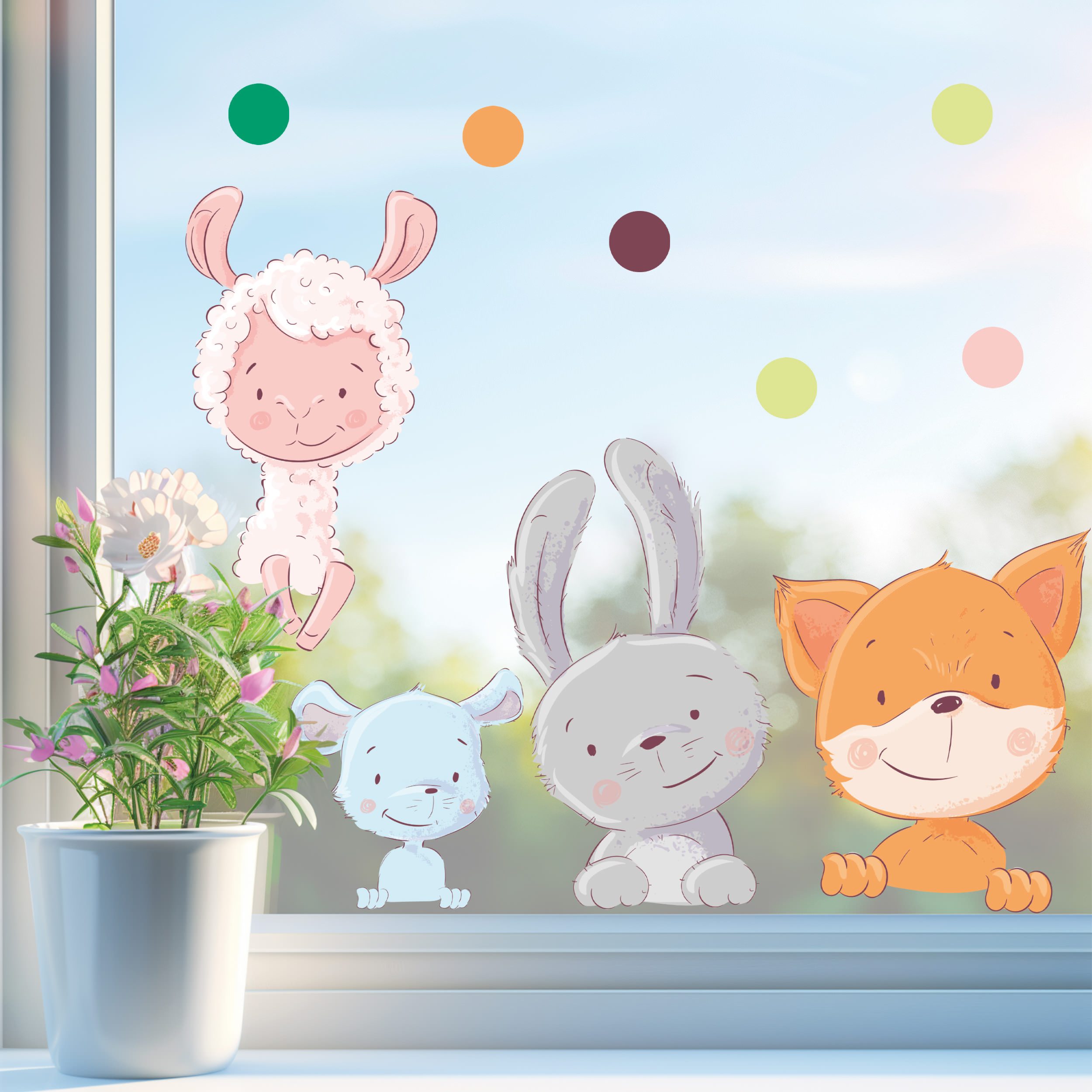 Sunnywall Fensterdekoration wiederverwendbares Fensterbild Schaf Fuchs Hase Maus, wiederverwendbar, statisch haftend, beidseitiger Druck